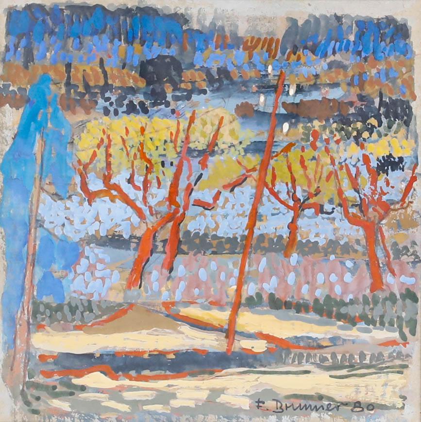 Fritz Brunner (1908-1996) - Encadré 1980, gouache, arbres de soirée - Art de Unknown