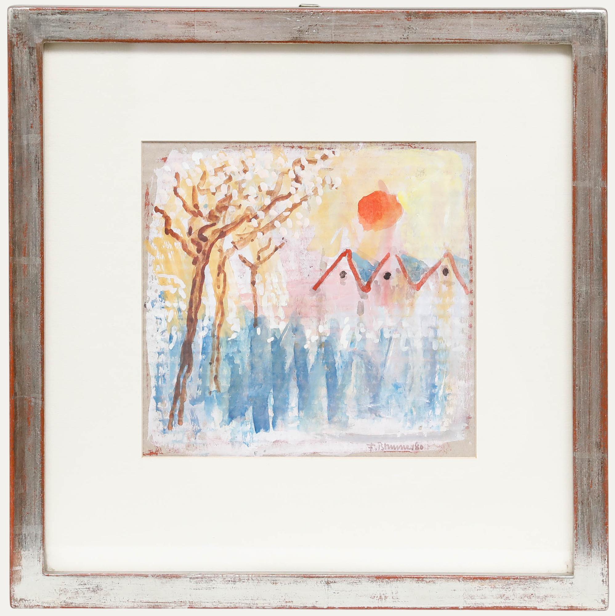 Unknown Landscape Art - Fritz Brunner (1908-1996) - Framed 1980 Gouache, Sun Over the Blossoms