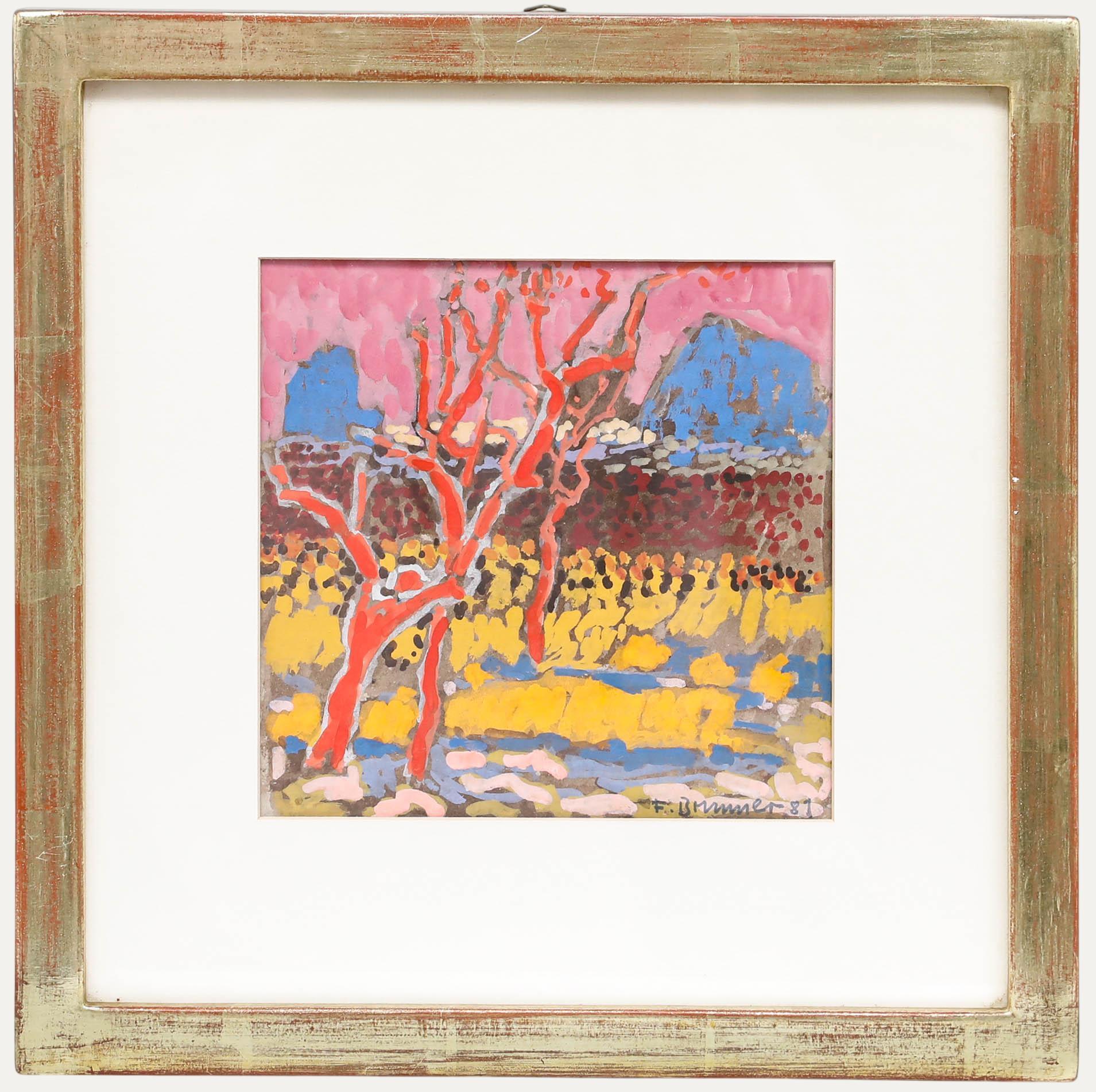 Landscape Art di Unknown - Fritz Brunner (1908-1996) - Gouache incorniciata del 1981, Alberi estivi