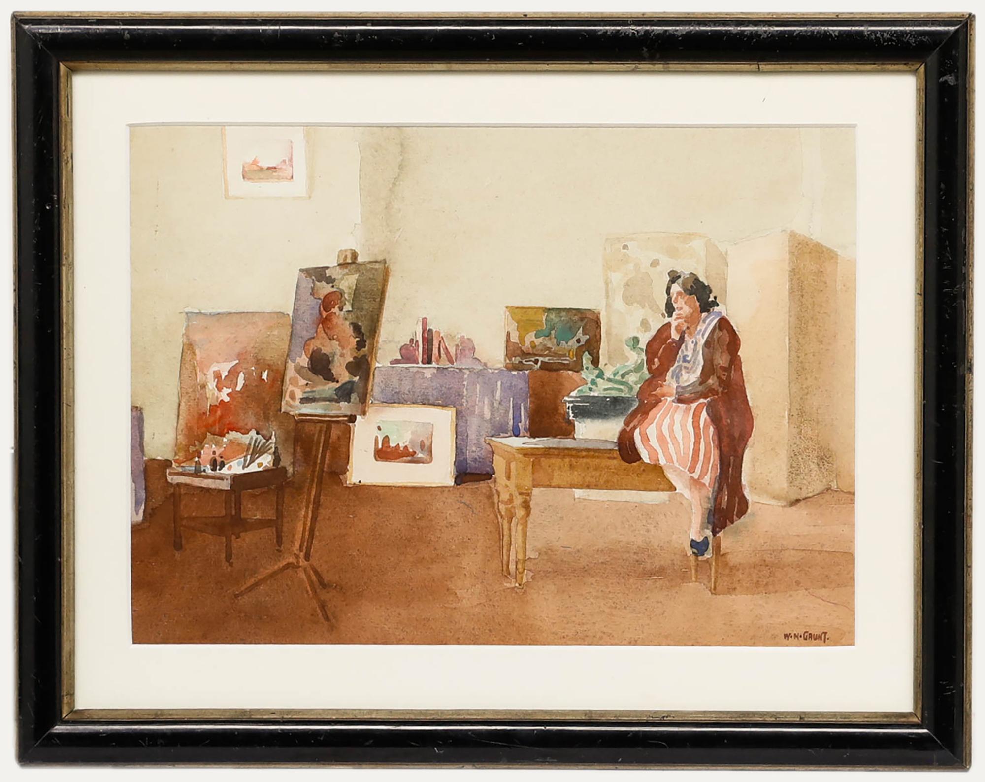 William Norman Gaunt (1918-2001), watercolour on paper. A lovely interior scene with life model seated in the artist's studio. Signed lower right. Well presented in a black and gilt effect frame. 
