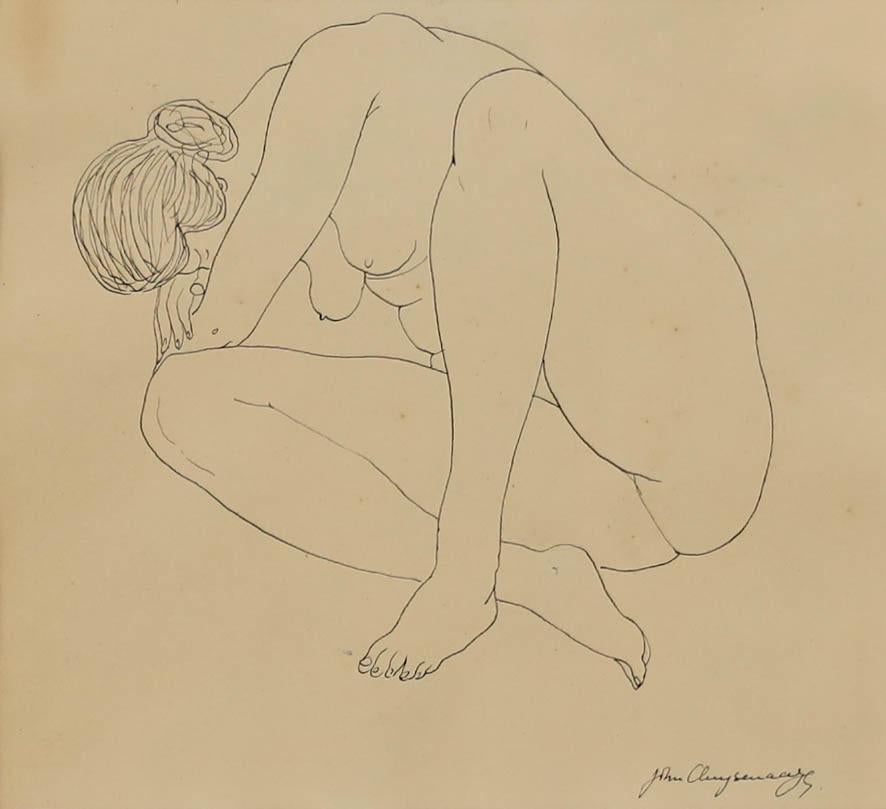 A fine nude study in pen and ink by the Belgian artist John Cluysenaar (1899-1986). Signed to the lower right. Handsomely presented in a wooden frame and thick card mount. On paper.