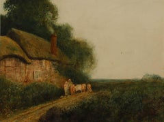 Frederick Hines (fl.1875-1928) - Acuarela, Ganado junto a la cabaña del granjero