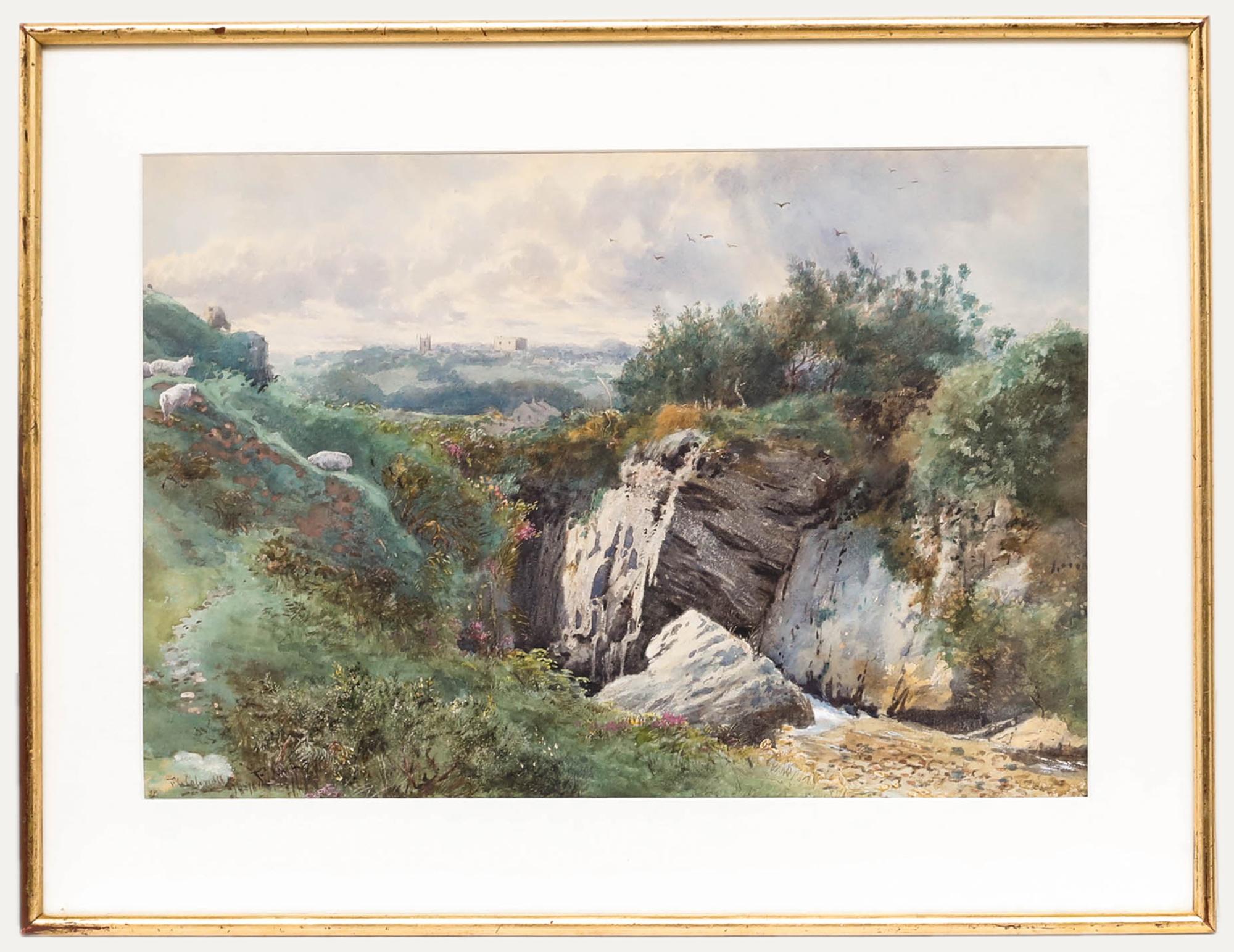 Francis George Coleridge Landscape Art - Francis G. Coleridge (1838-1923)- Framed Watercolour, Sheep Grazing near a Gorge