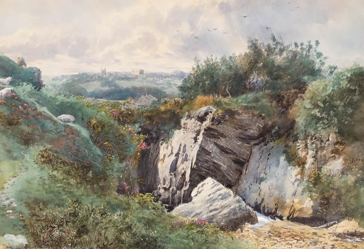 Francis G. Coleridge (1838-1923)- Framed Watercolour, Sheep Grazing near a Gorge - Art by Francis George Coleridge