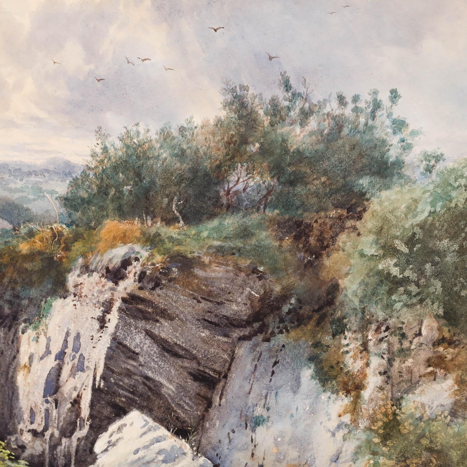 Francis G. Coleridge (1838-1923)- Framed Watercolour, Sheep Grazing near a Gorge - Beige Landscape Art by Francis George Coleridge