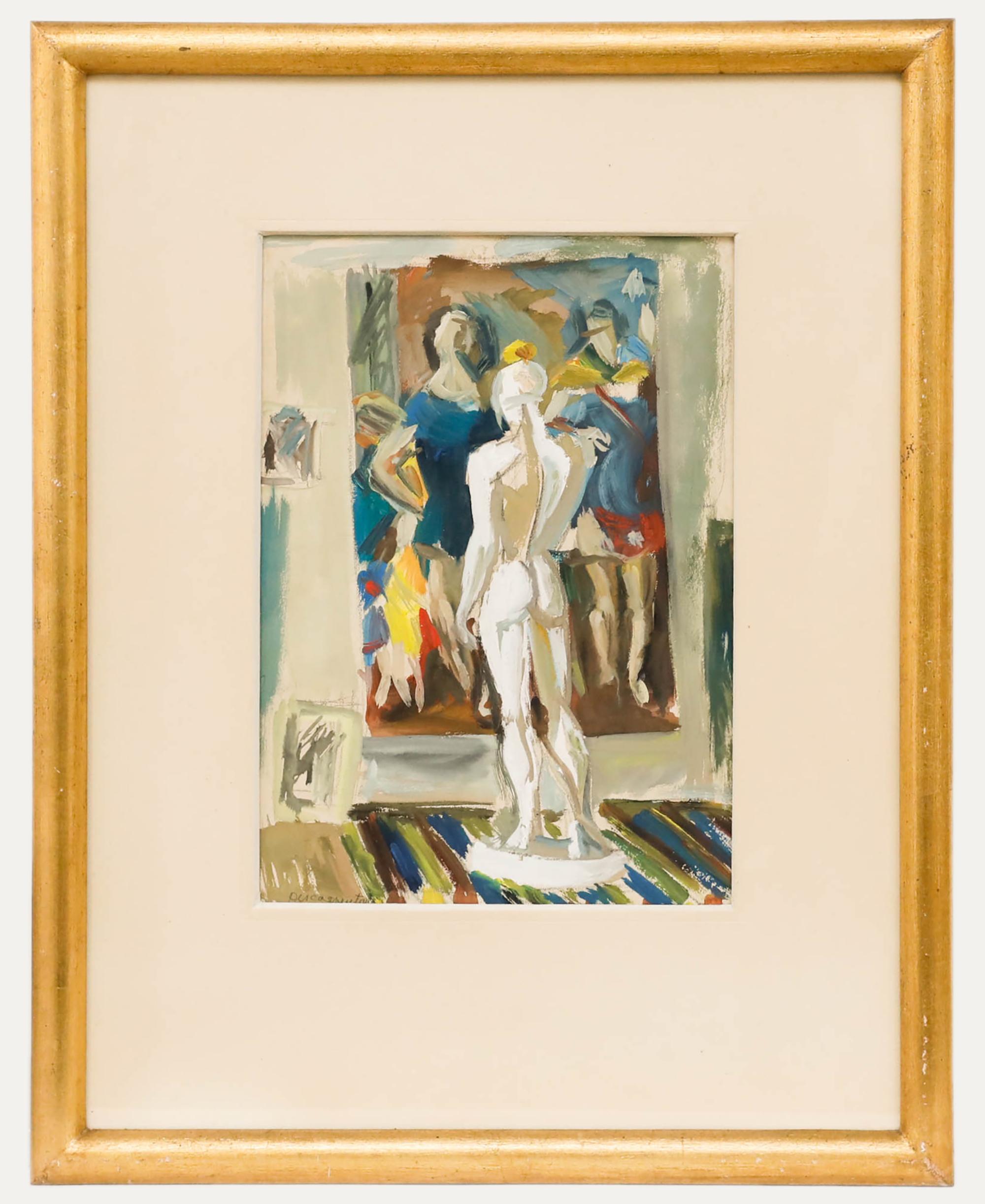 Sylviane Descarpentries (1925-2016) - Zeitgenössische Gouache, Studie einer Statue