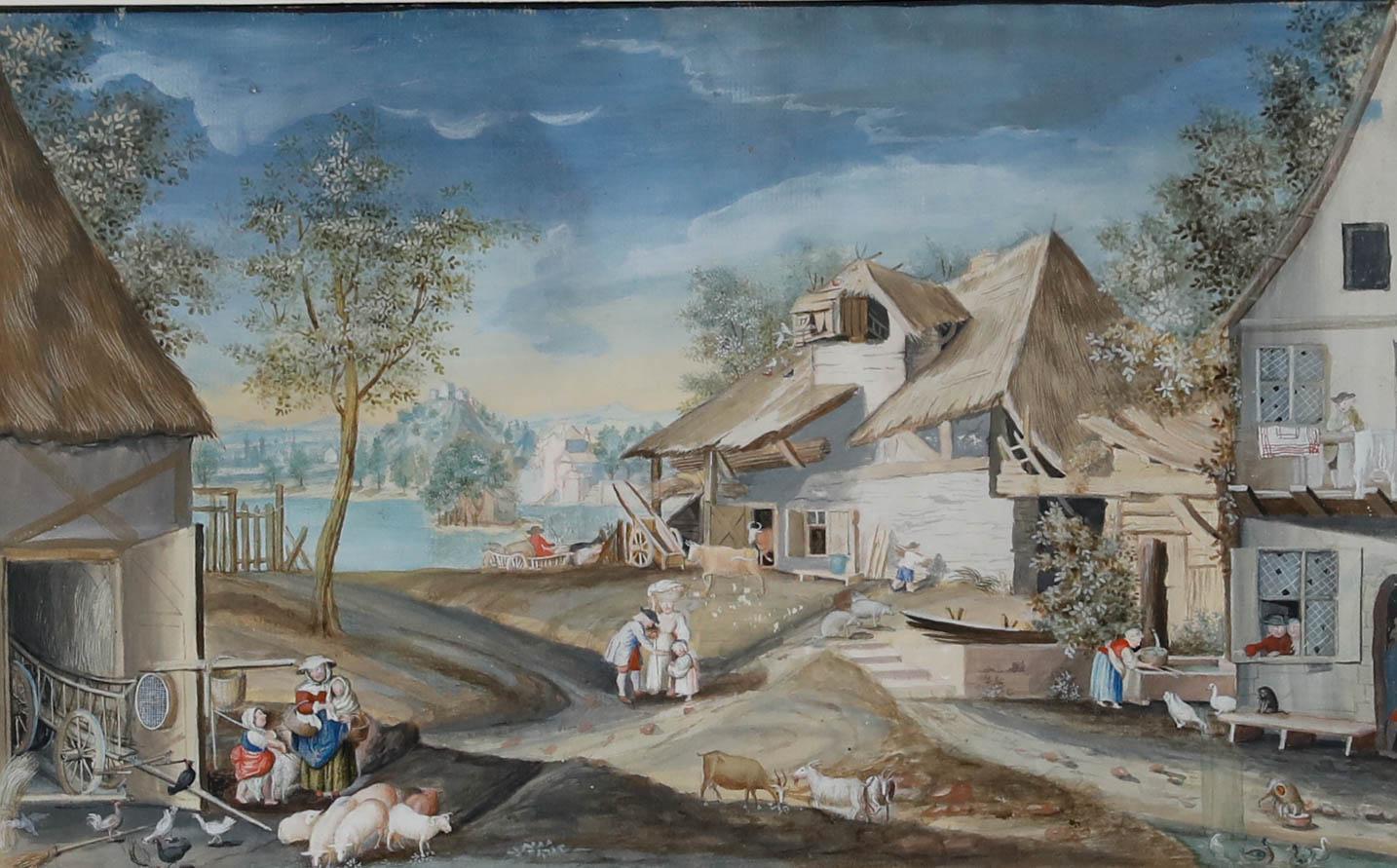 Belle gouache du début du 19e siècle - Scène rurale animée - Art de Unknown