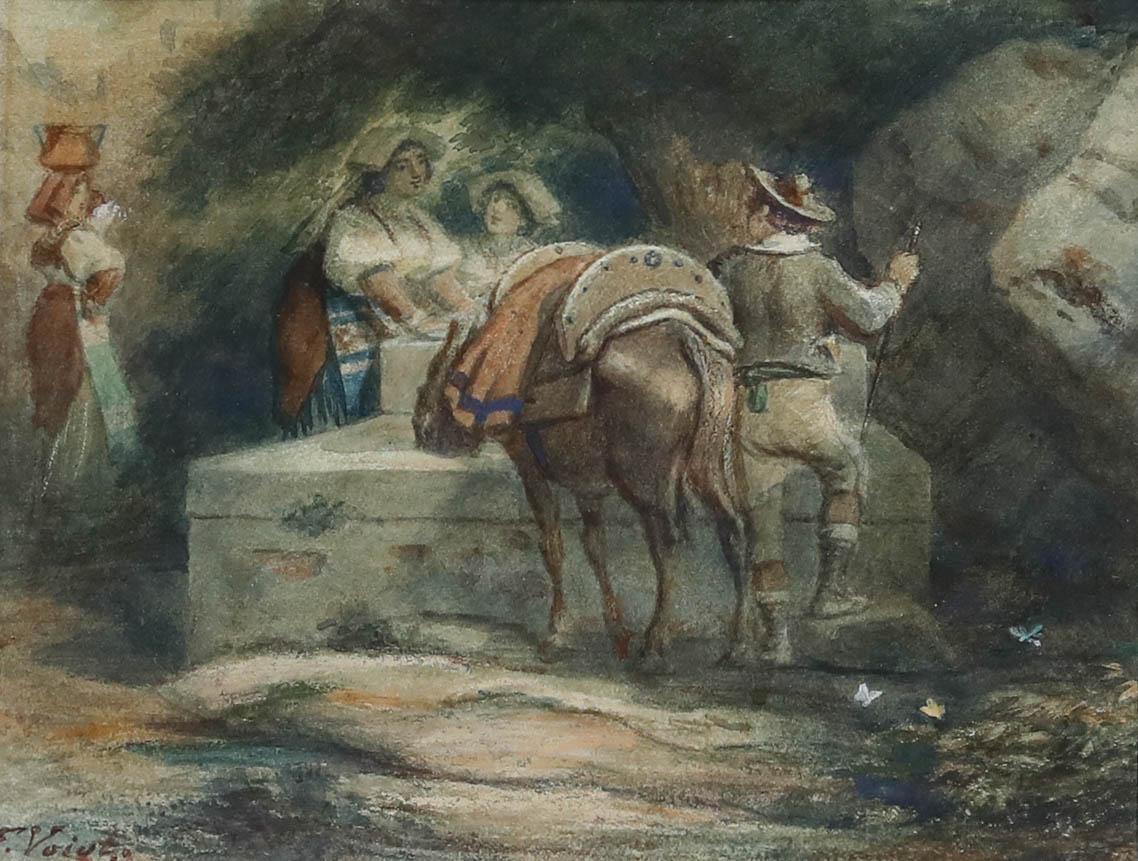 Franz Wilhelm Voigt (1867-1949) -Aquarelle du début du 20e siècle, cheval à l'eau - Art de Unknown