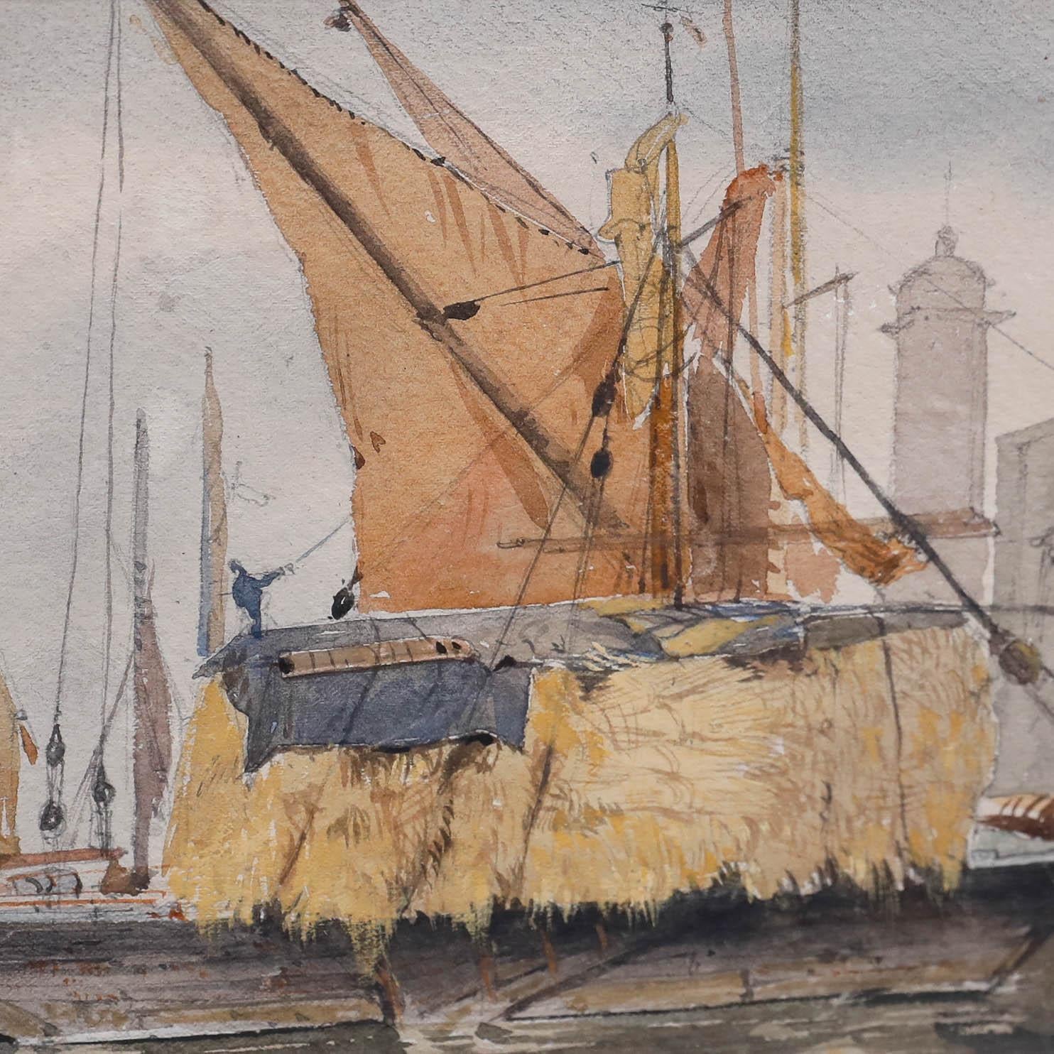 A charming watercolour by the artist Herbert Menzies Marshall (1841-1913). The artist captures a peaceful moment by the quay, using delicate brushwork and muted tones to capture the stillness of the moment. Signed, dated and inscribed in pencil to