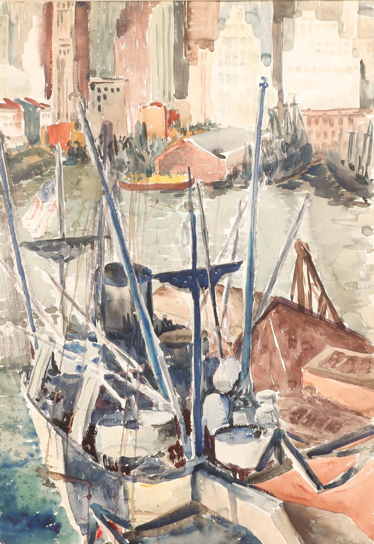 Zeitgenössisches Aquarell - Stadthafen – Art von Unknown