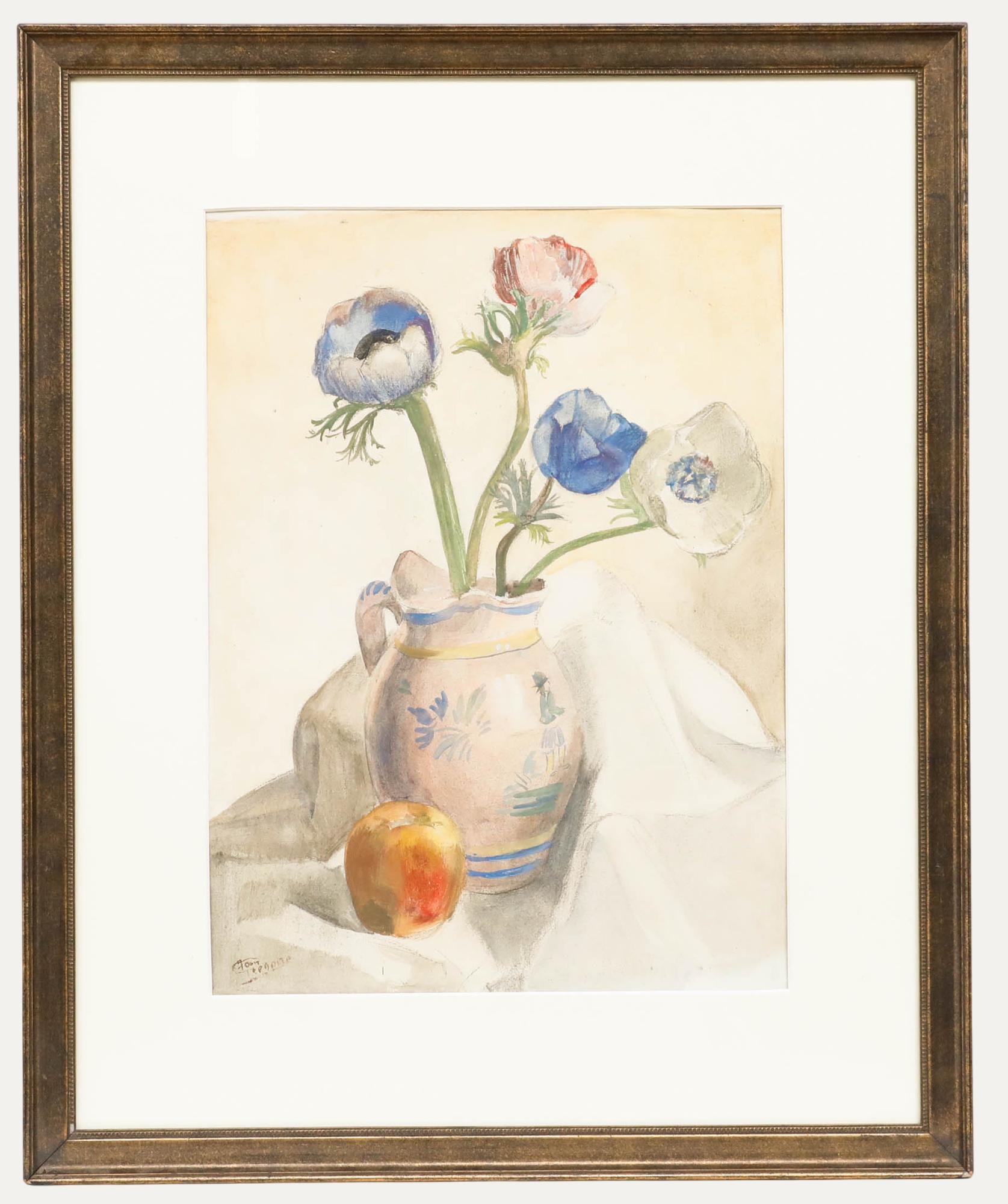 Jan Grégoire (1887-1960) - Framed Dutch Watercolour, Anemones in a Stone Jug