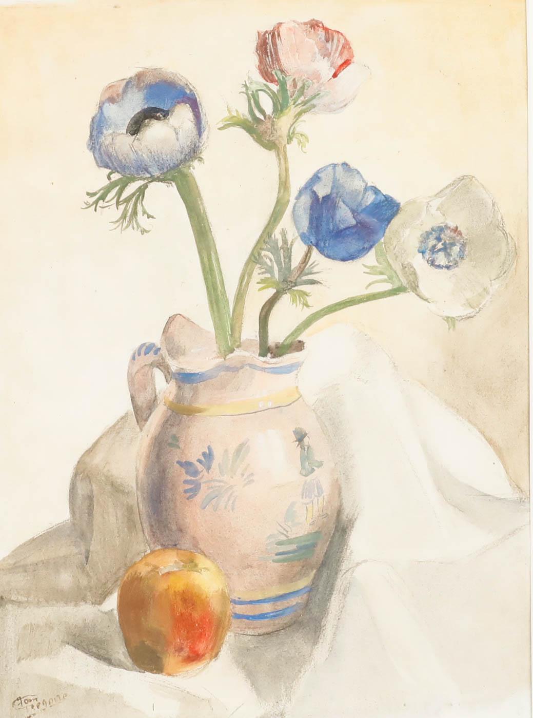 Jan Grégoire (1887-1960) - Acquerello olandese incorniciato, Anemoni in una brocca di pietra - Art di Unknown