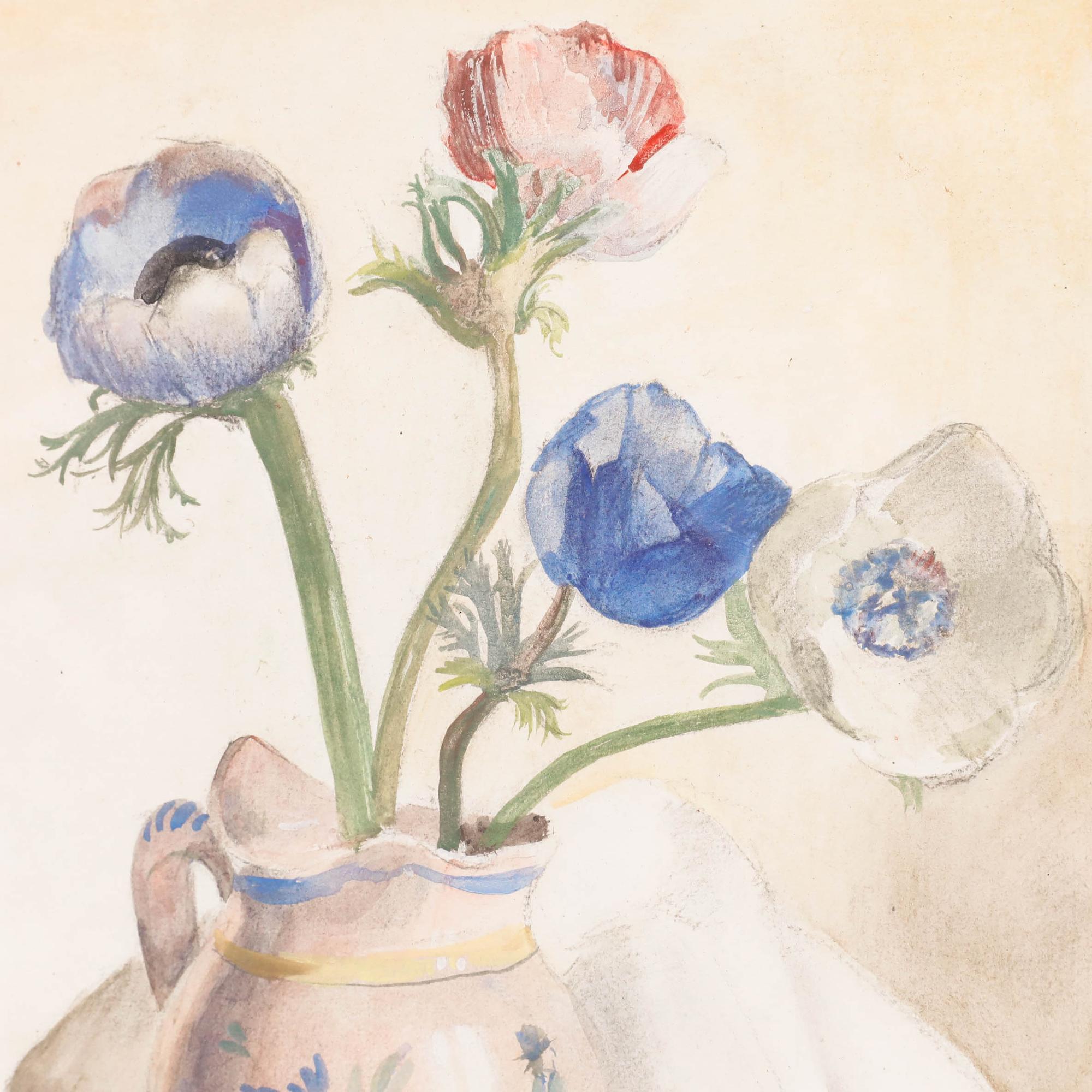 Jan Grégoire (1887-1960), acquerello con gouache. Natura morta di fiori di anemone in un vaso decorativo di Delft. Ben presentato in una moderna cornice con effetto dorato. Firmato in basso a sinistra. Sulla carta. 