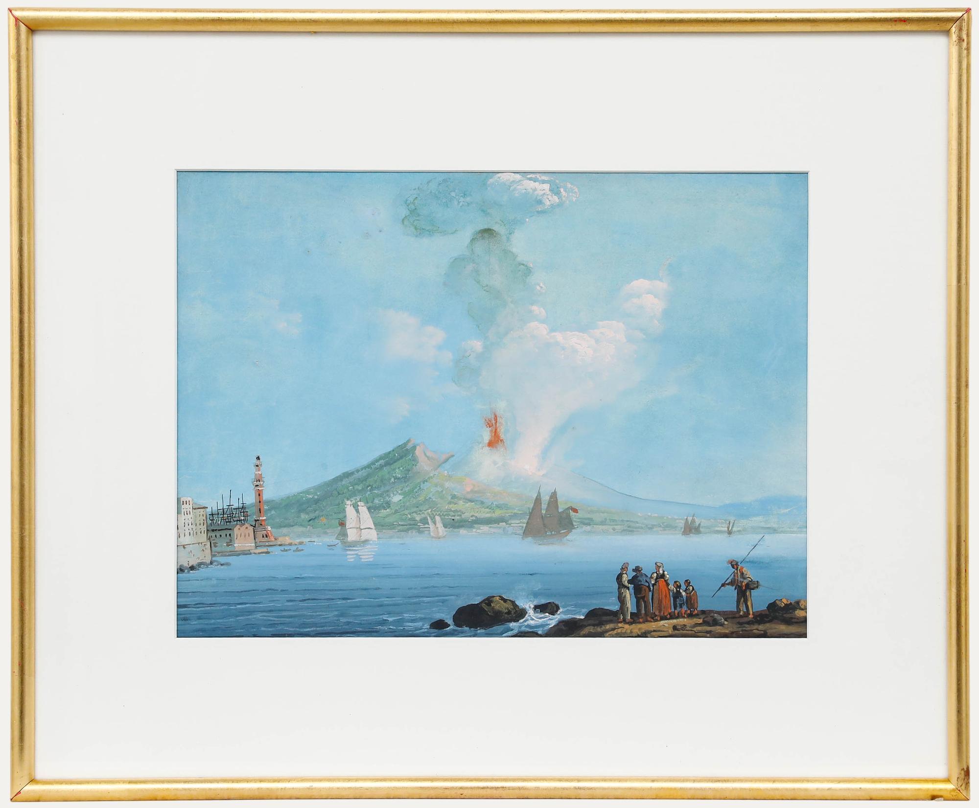 Gouache de l'école napolitaine du XIXe siècle - L'éruption du Vésuve