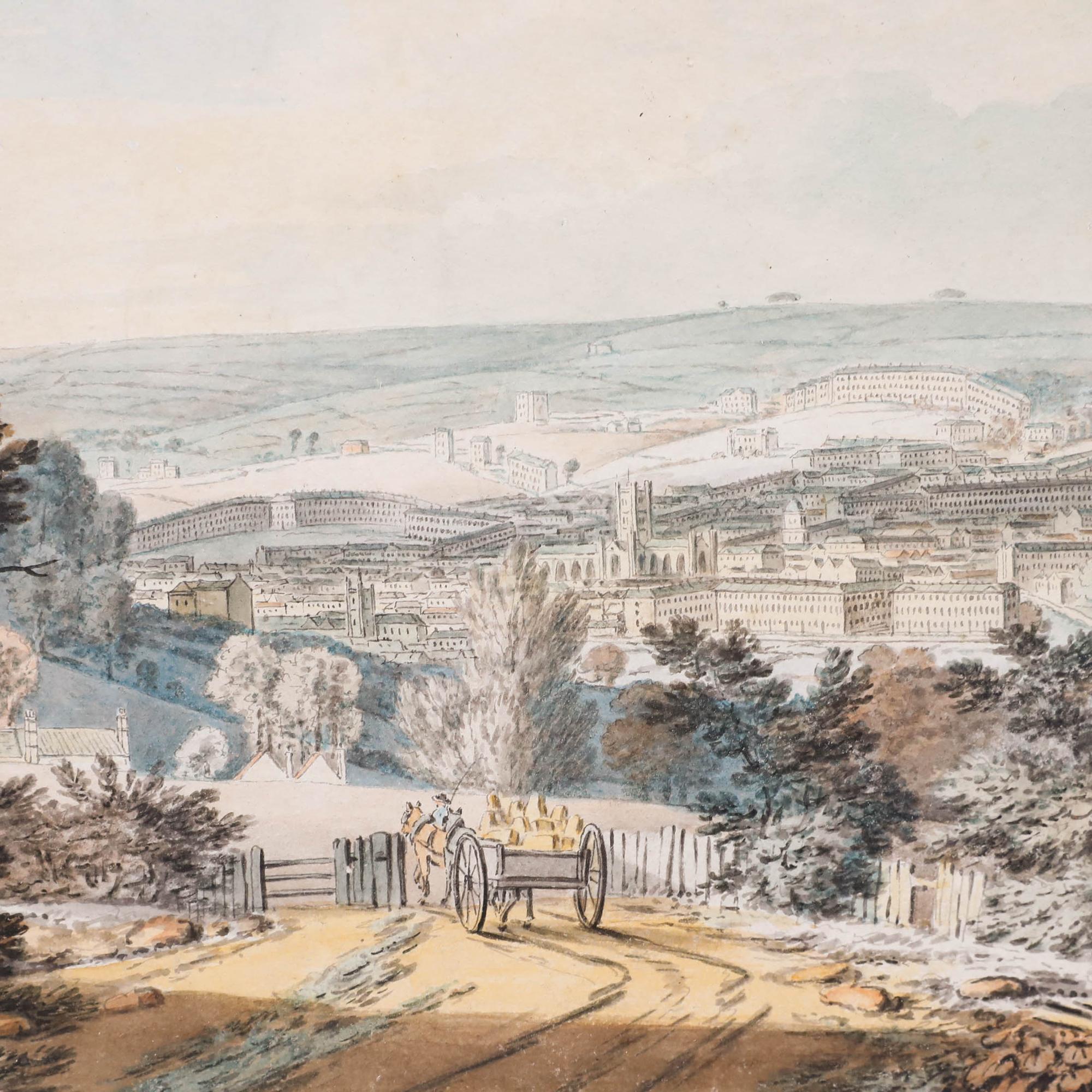 Rare aquarelle de paysage du début du 19e siècle représentant une vue étendue de la ville géorgienne de Bath, avec le croissant royal et l'abbaye au loin. Au premier plan, on peut voir un cheval de charrette quitter une carrière locale avec un plein