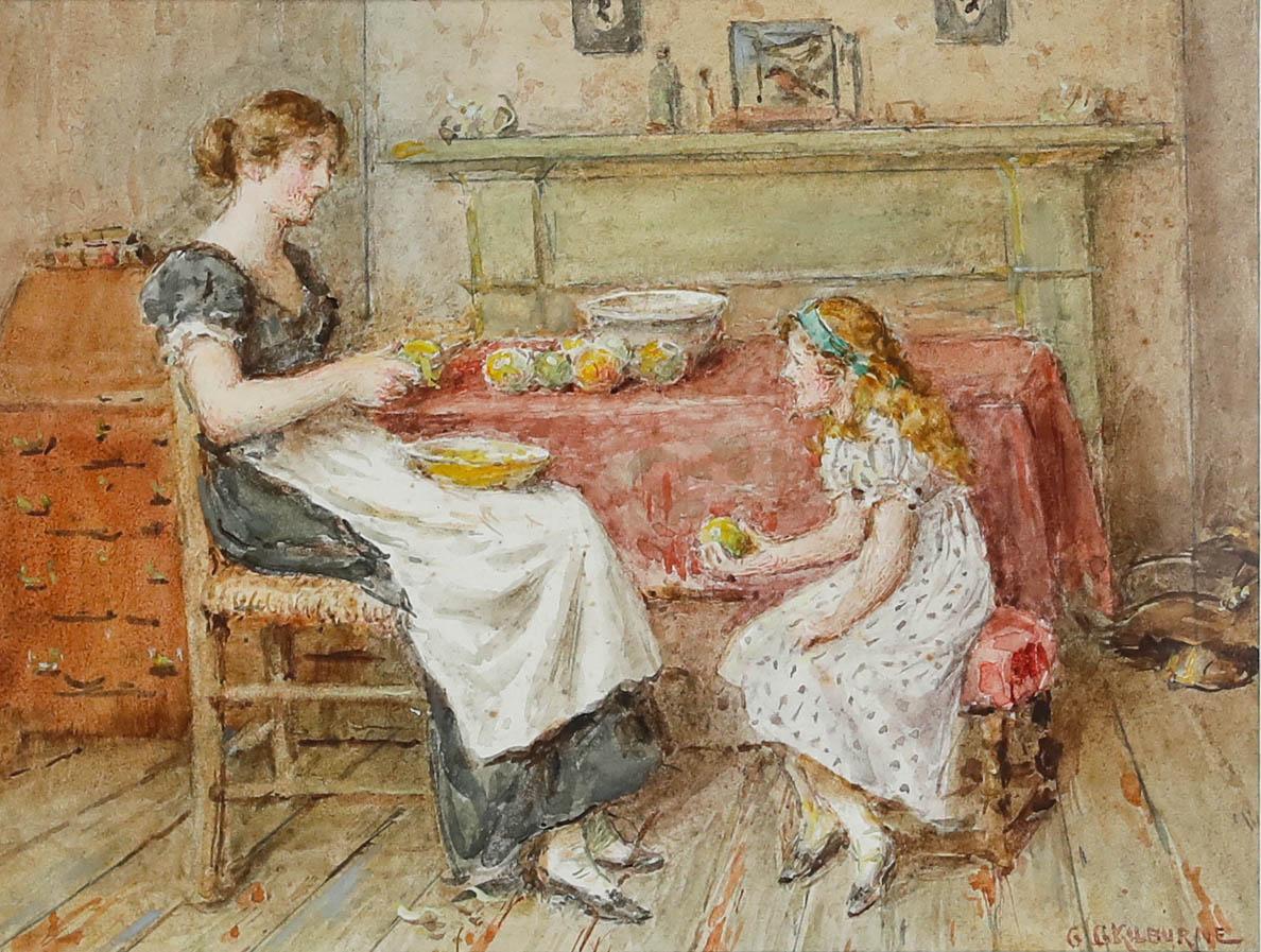 George Goodwin Kilburne (1839-1924) - Watercolour, Peeling Apples - Art by Unknown