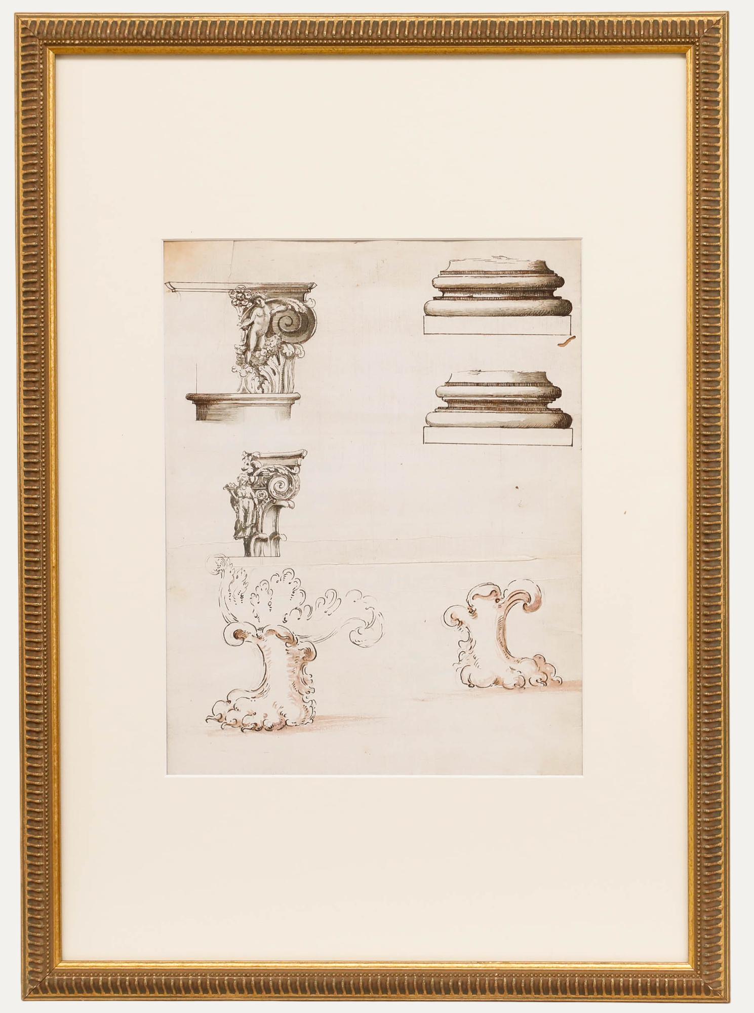 Framed 18th Century Pen and Ink Drawings - Designs for Capital & Base Supports