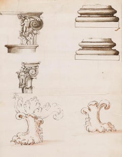 Framed 18th Century Pen and Ink Drawings - Designs for Capital & Base Supports