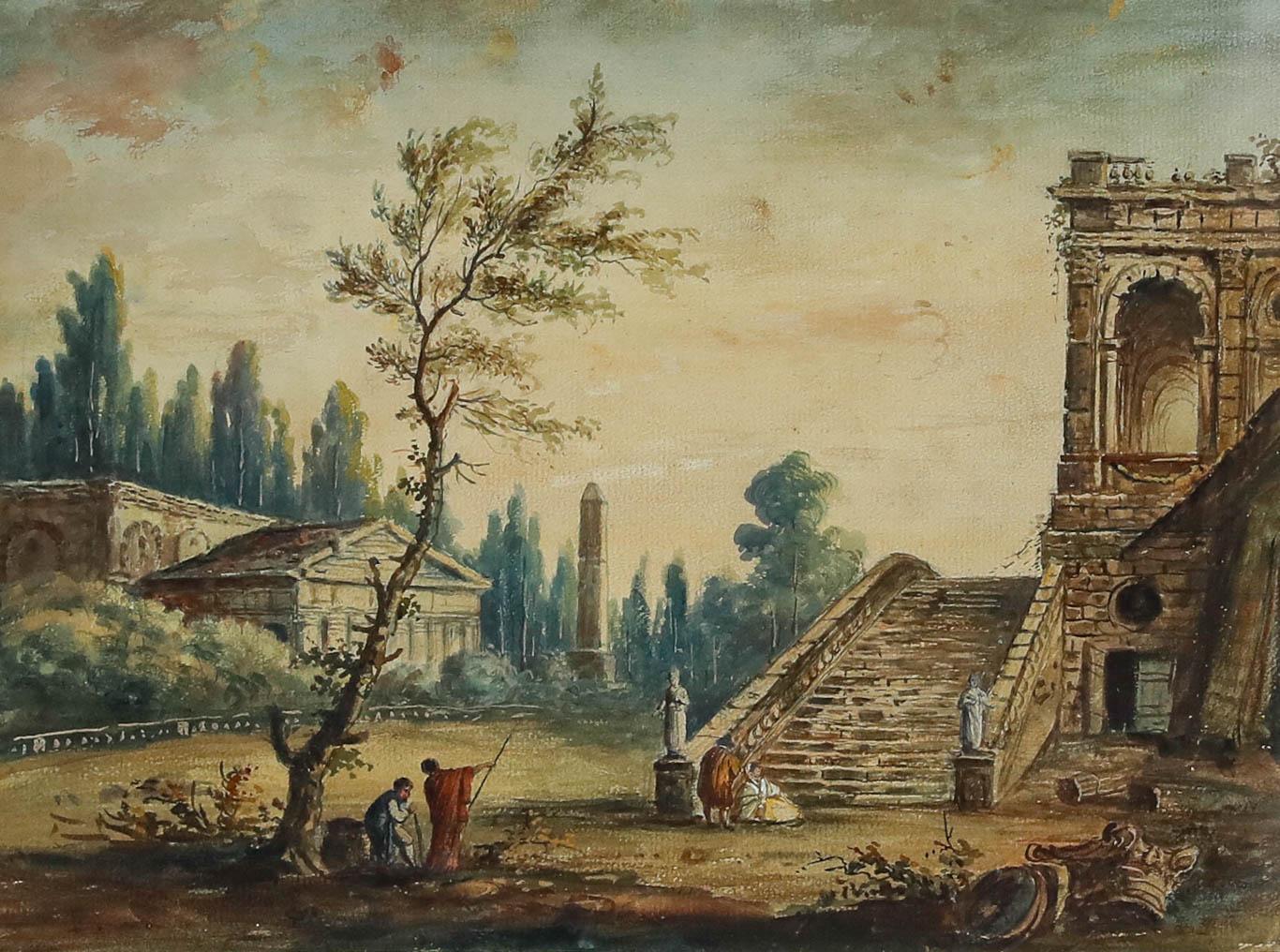 D'après Hubert Robert The (1733-1808) - Aquarelle du XIXe siècle, Palais Italien - Gris Figurative Art par Unknown