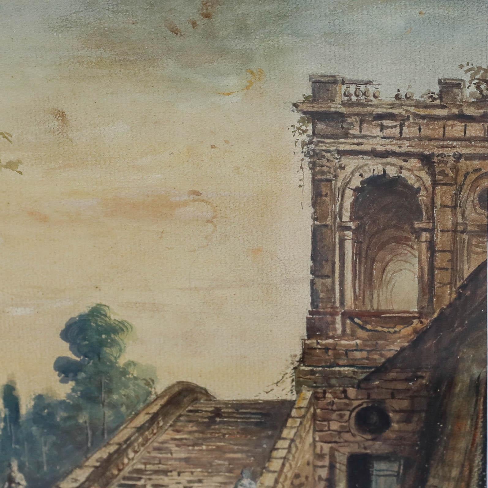 Charmante aquarelle du XIXe siècle d'après Hubert Robert (1733-1808). L'œuvre d'art est une copie du 