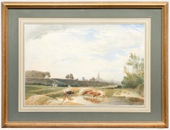 Edward Matthews - Acuarela de finales del siglo XIX, Ganado bebiendo en Sheen Common