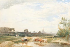 Edward Matthews - Acquerello della fine del XIX secolo, Bestiame che beve su Sheen Common