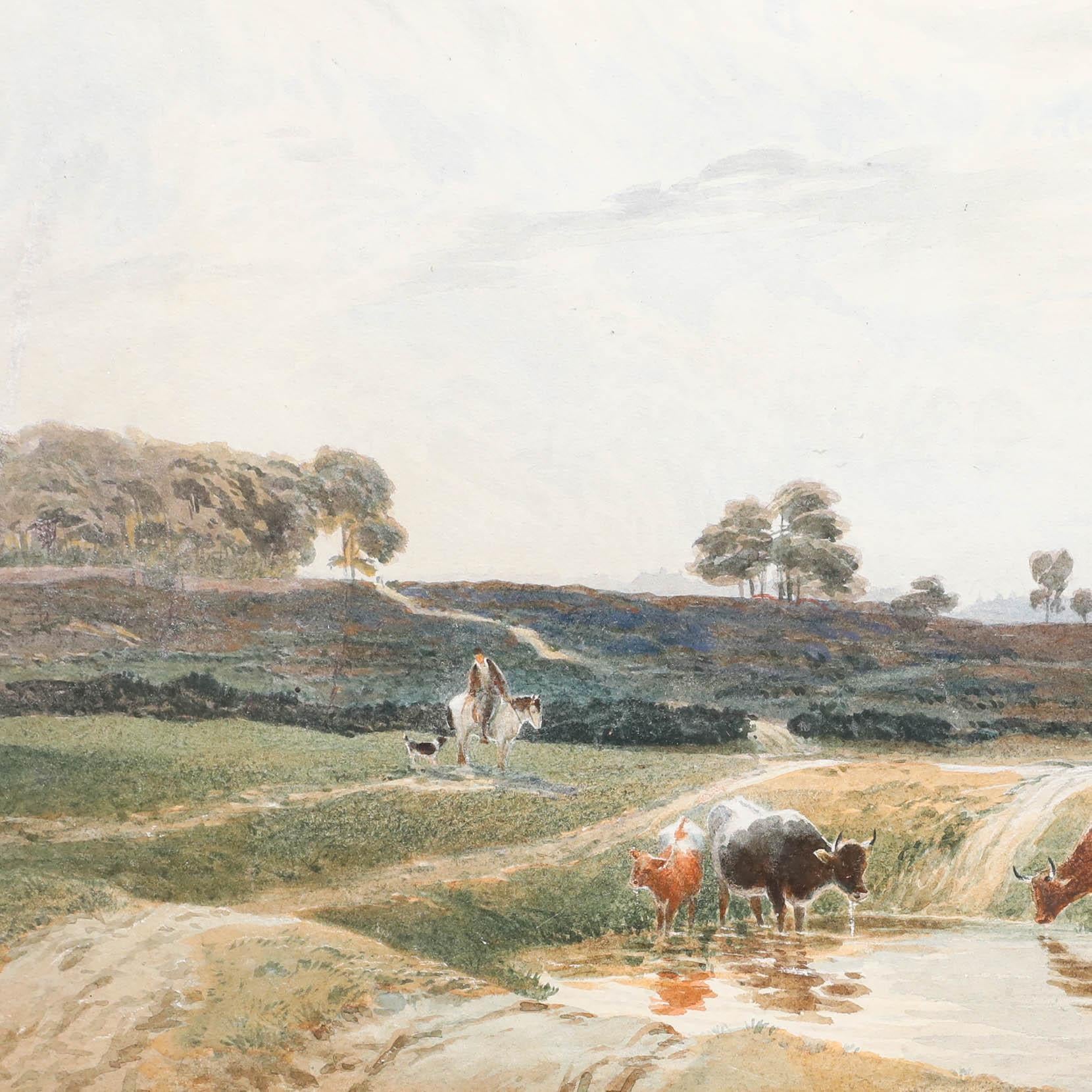 Edward Matthews - Acuarela de finales del siglo XIX, Ganado bebiendo en Sheen Common en venta 3