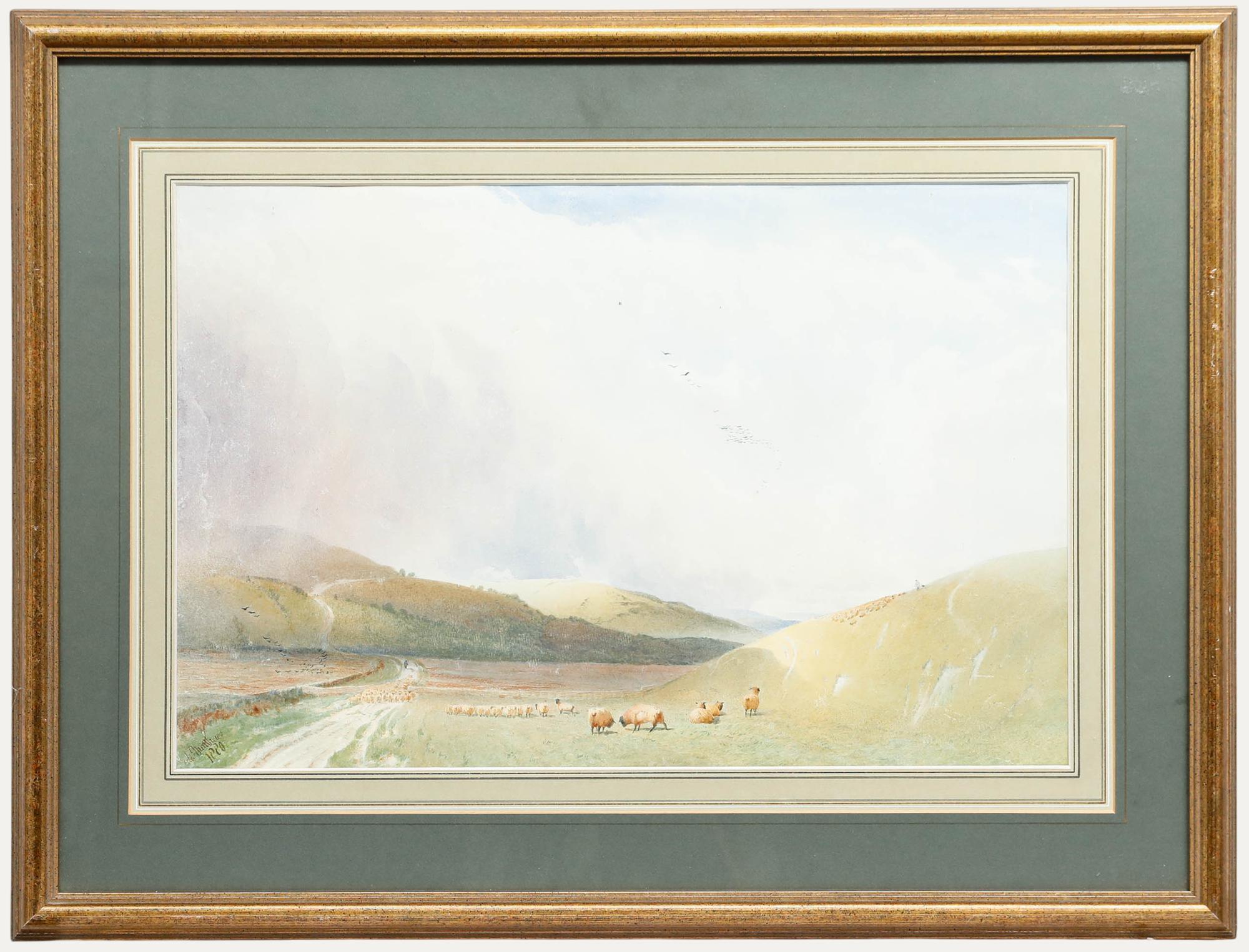 Un encantador paisaje rural del artista británico Edward Matthews, que representa un rebaño de ovejas pastando en Bignor Hill. Bien presentado en una montura de línea lavada y marco de efecto dorado. Firmado y fechado (1880) en la parte inferior