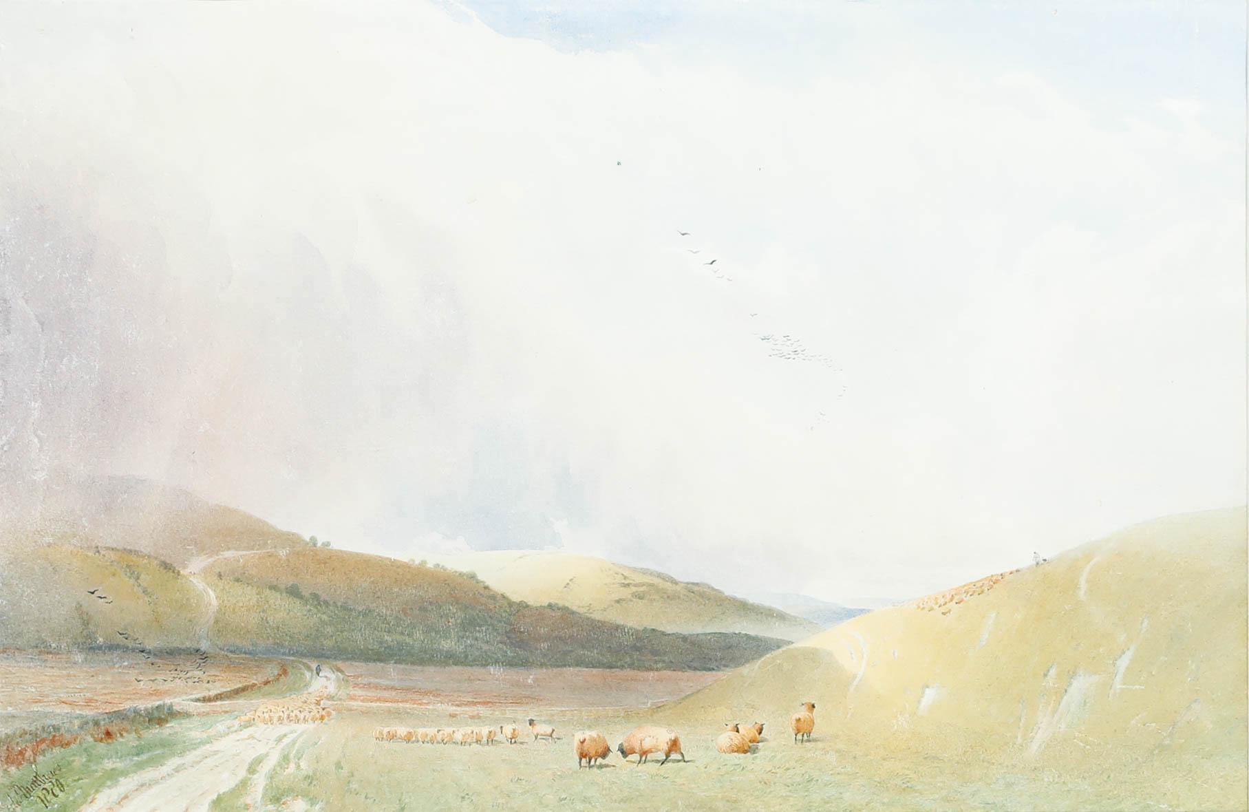 Edward Matthews - 1876 Acuarela, Pastando cerca de Bignor Hill, Sussex en venta 1