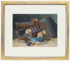 Antique 19th Century Watercolour - Still Life with Books & Fruit