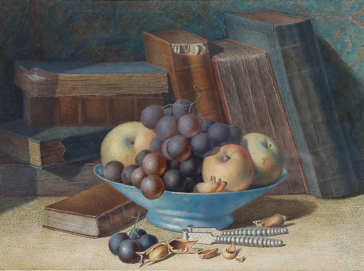 19th Century Watercolour - Still Life with Books & Fruit - Art by Unknown