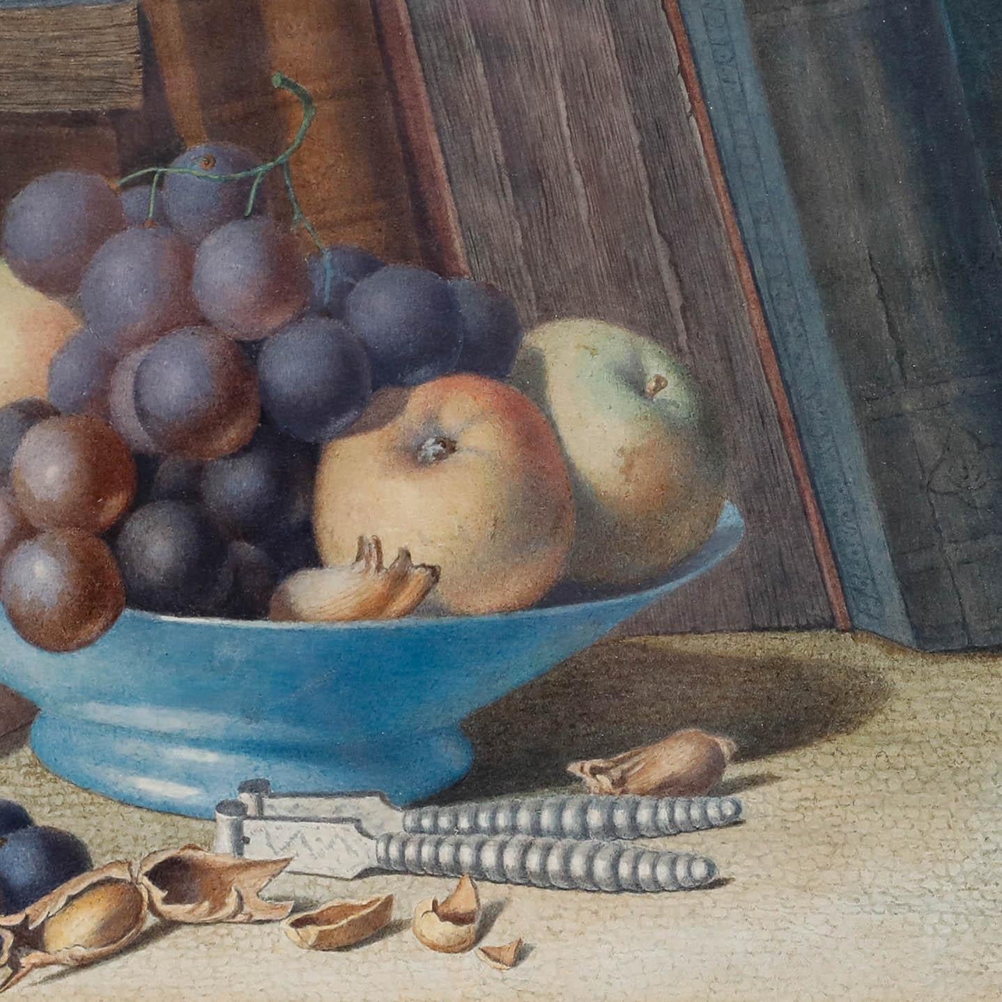This finely painted still life showcases a thoughtful arrangement of books, fruits, and a decorative bowl, creating a harmonious balance between academic pursuits and natural abundance. The muted colour palette and soft lighting lend a sense of