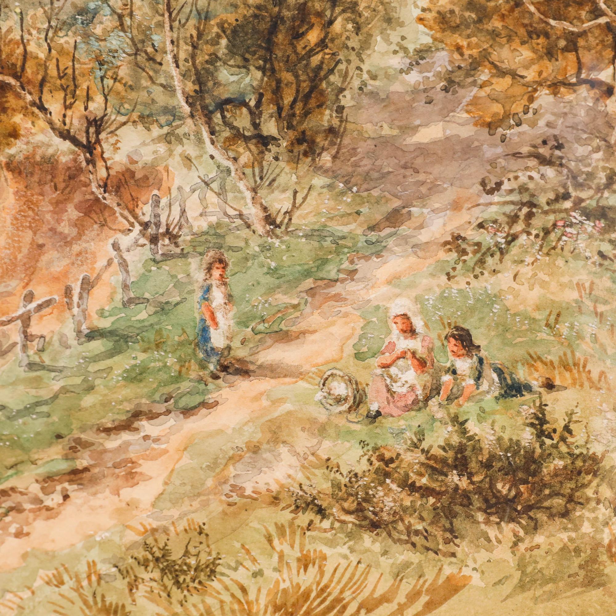 Encantadora escena en acuarela que representa a unos niños jugando en un arcén de verano, con un alto molino dominante al fondo. Firmado ' W. Harford' abajo a la izquierda. Bien presentado en un marco de efecto dorado con un delicado motivo de