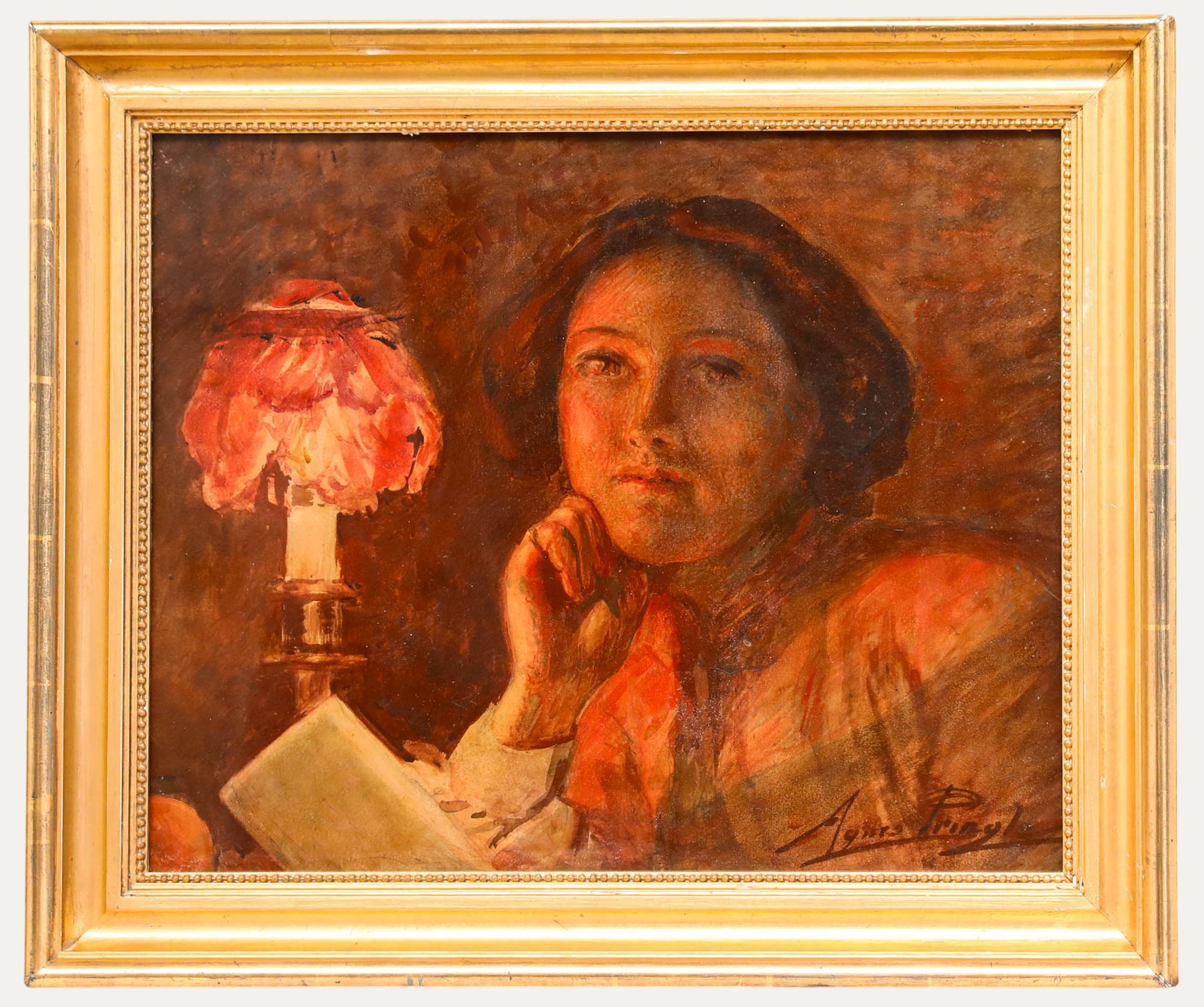 Portrait di Unknown - Agnes Pringle (1853-1934) - Acquerello dei primi del Novecento, Signora al lume di candela