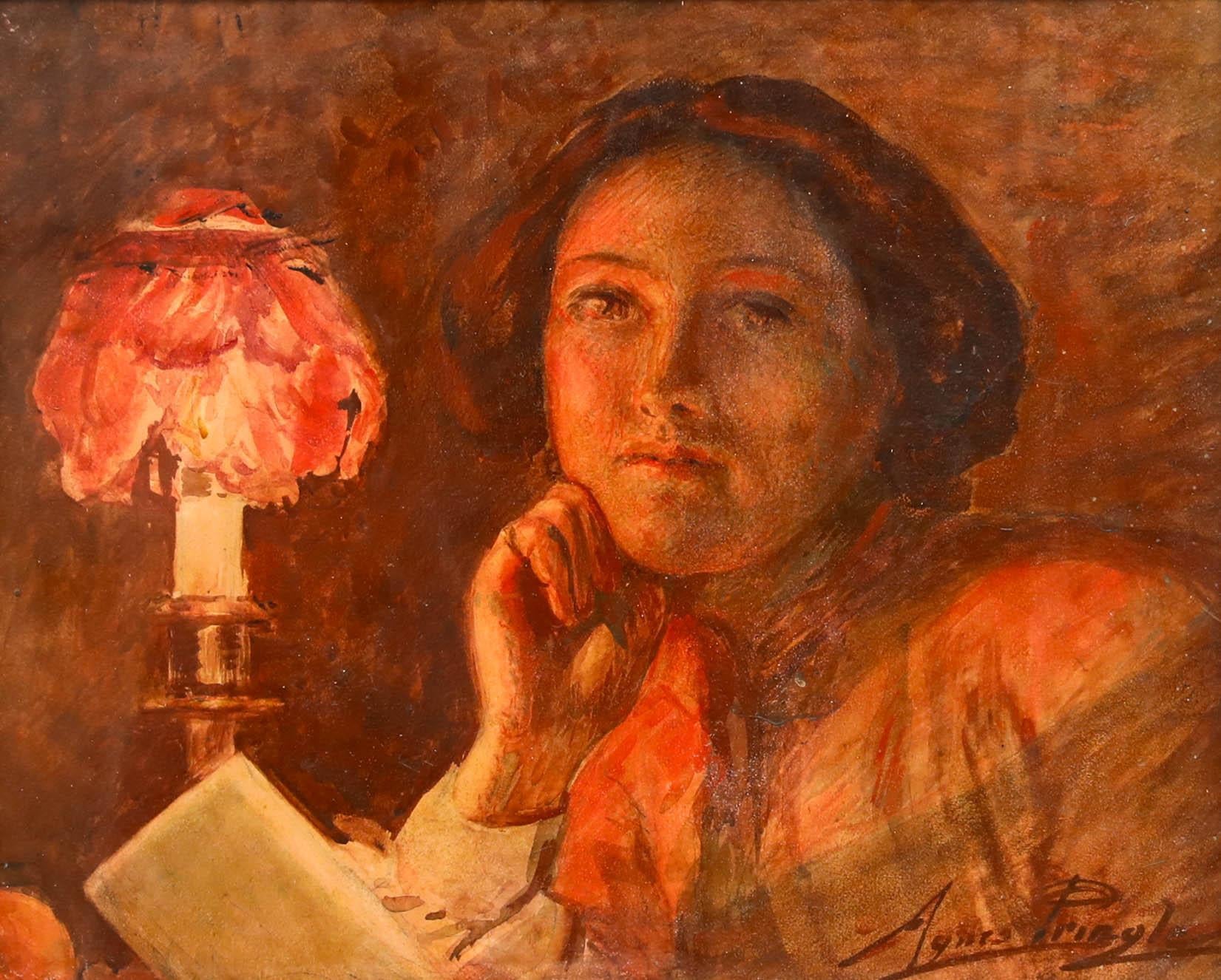 Agnes Pringle (1853-1934) - Acquerello dei primi del Novecento, Signora al lume di candela - Art di Unknown