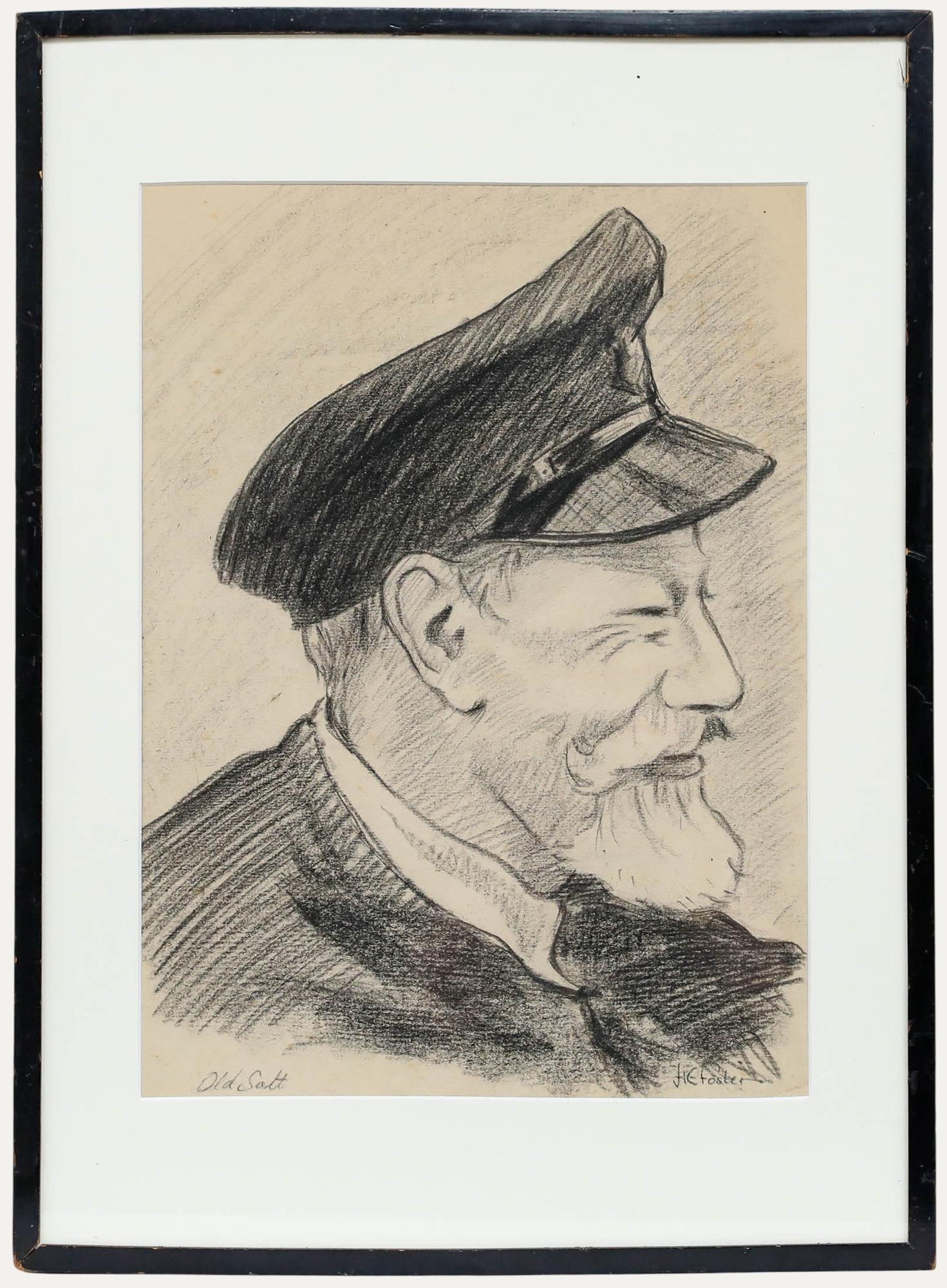 Unknown Portrait - H.E. Foster - Early 20th Century Charcoal Drawing, Old Scott