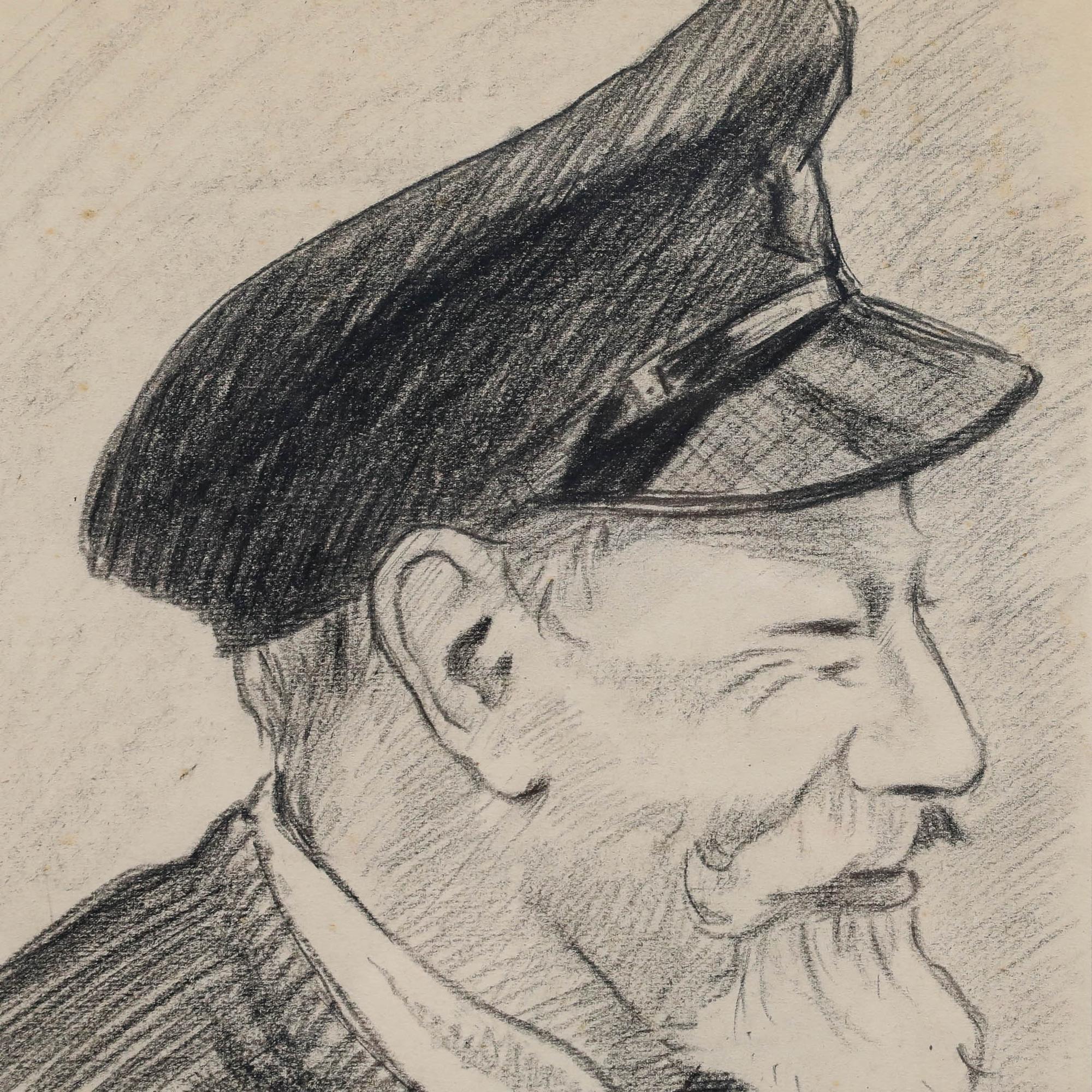 A characterful sketch portrait of an elderly sea captain, captured in side profile with a flowing white beard. Executed with confident, economical lines, the drawing conveys a strong sense of personality and weathered experience, evoking a life