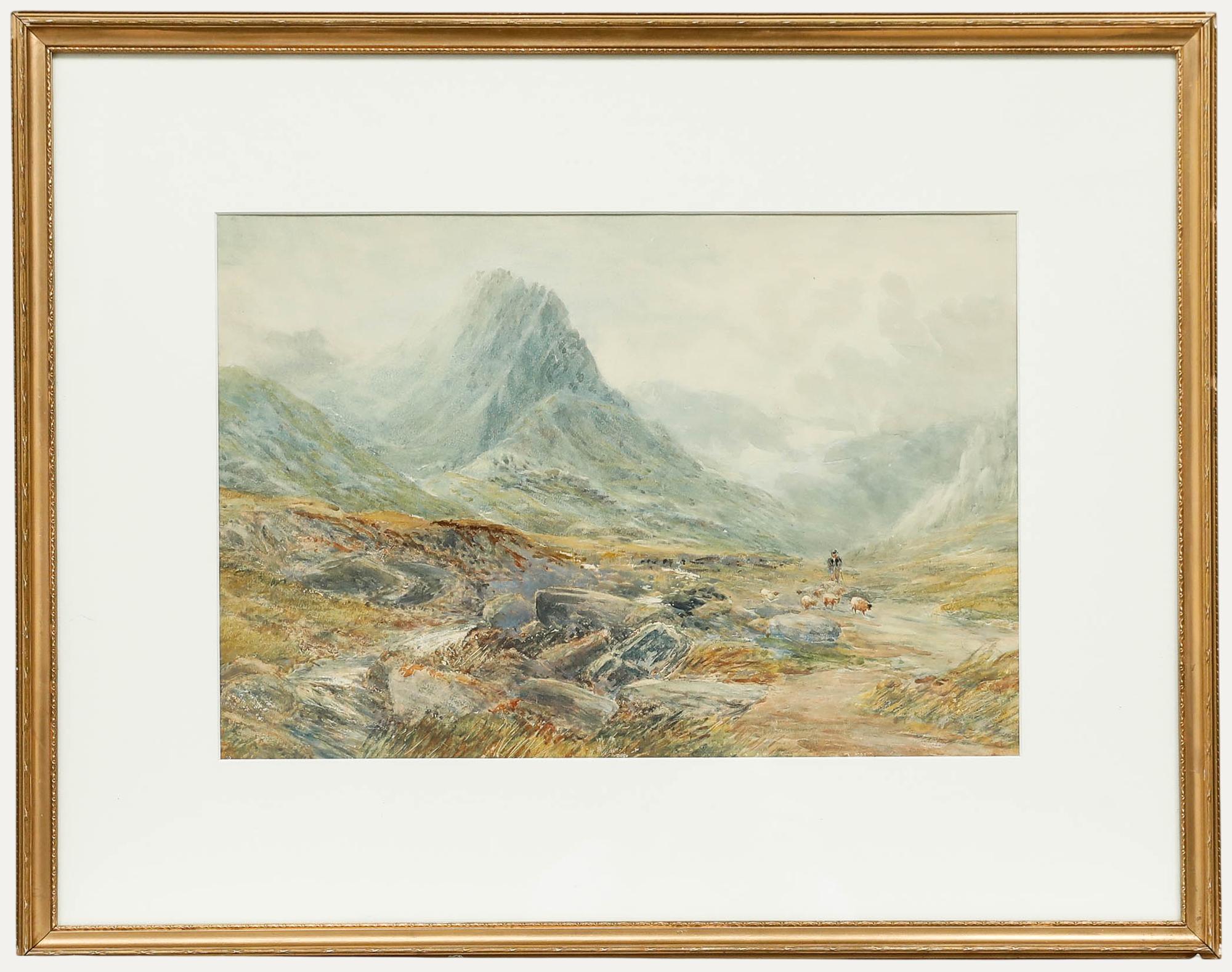 Landscape Art de Unknown - William Henry Hall (1812-1880) - Acuarela enmarcada, Pastor en las Tierras Altas