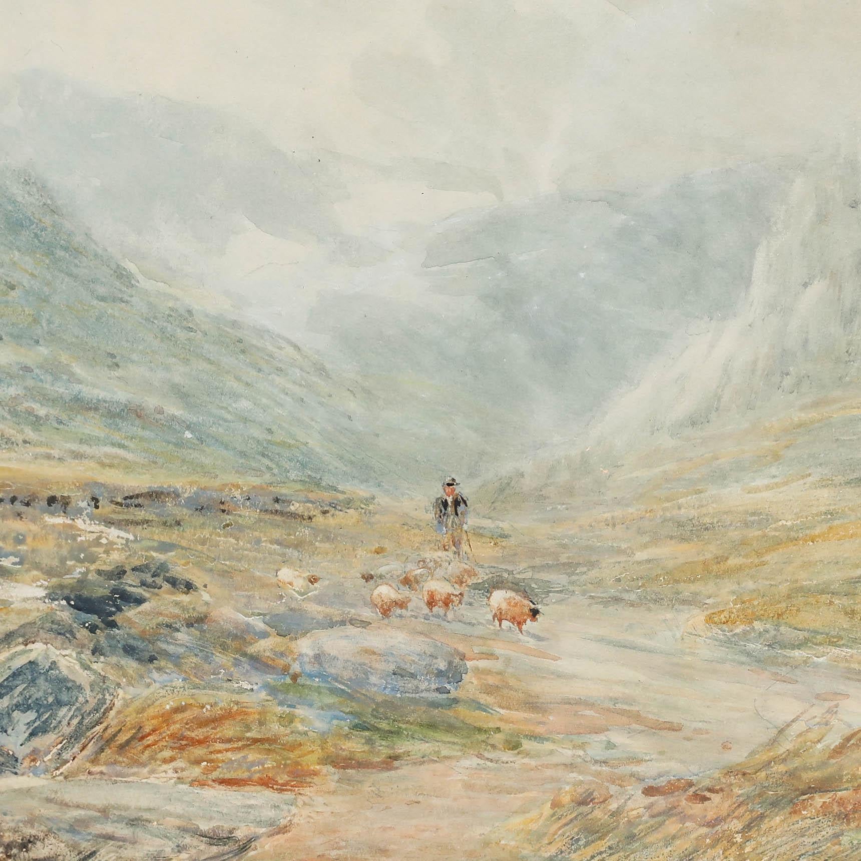 William Henry Hall (1812-1880) - Acuarela enmarcada, Pastor en las Tierras Altas - Landscape Art Beige de Unknown