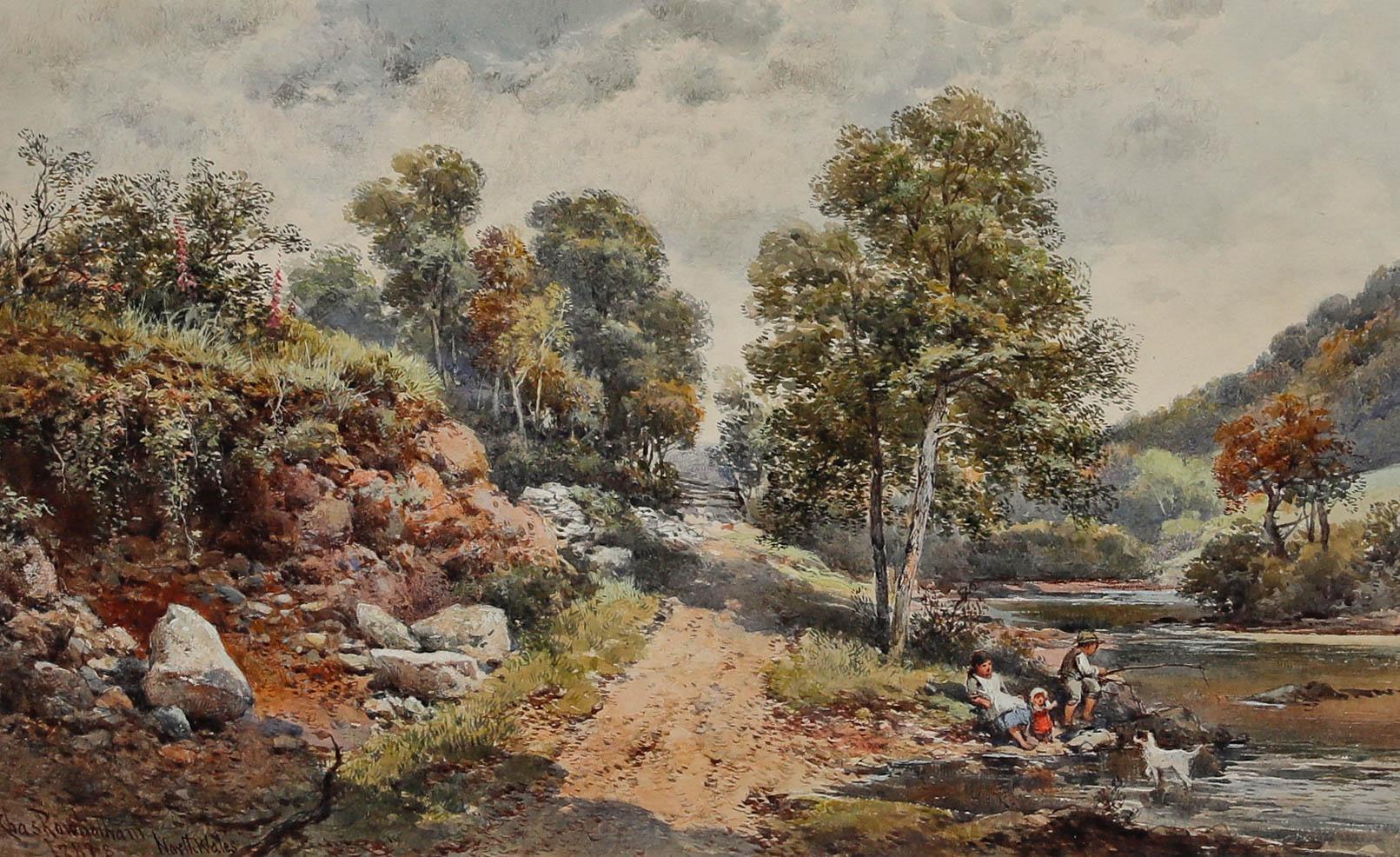 Charles Rowbotham (1826-1904) - Acuarela enmarcada, Niños jugando junto a un río - Art de Charles Edmund Rowbotham