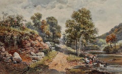 Charles Rowbotham (1826-1904) - Acquerello incorniciato, Bambini che giocano vicino al fiume