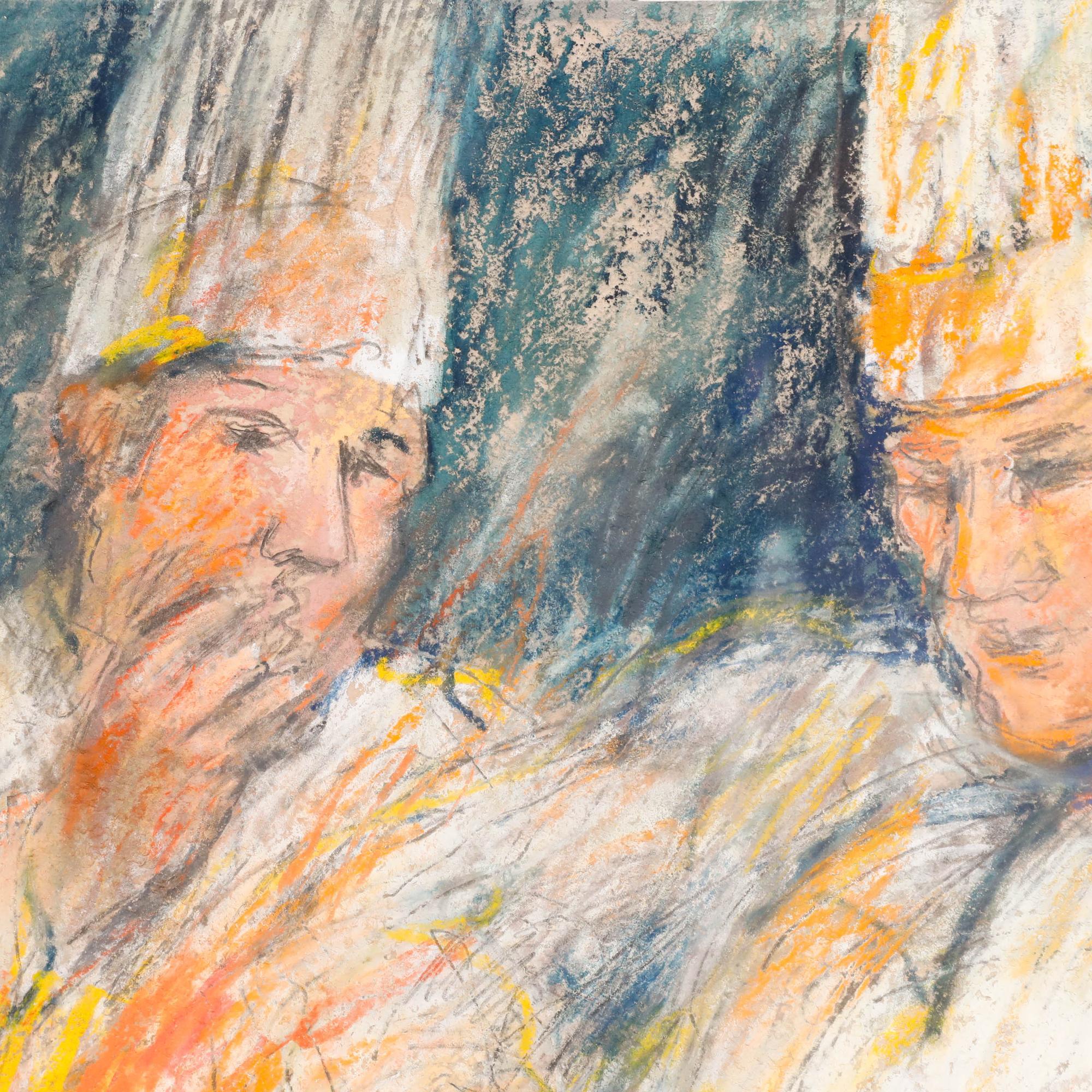 A delightfully expressive pastel and graphite drawing by the artist Glo Williams (b.1940) depicting accomplished chefs, hard at work in the kitchen. The figures are bathed in the bright orange glow of the flambé. Williams has rendered the figures in