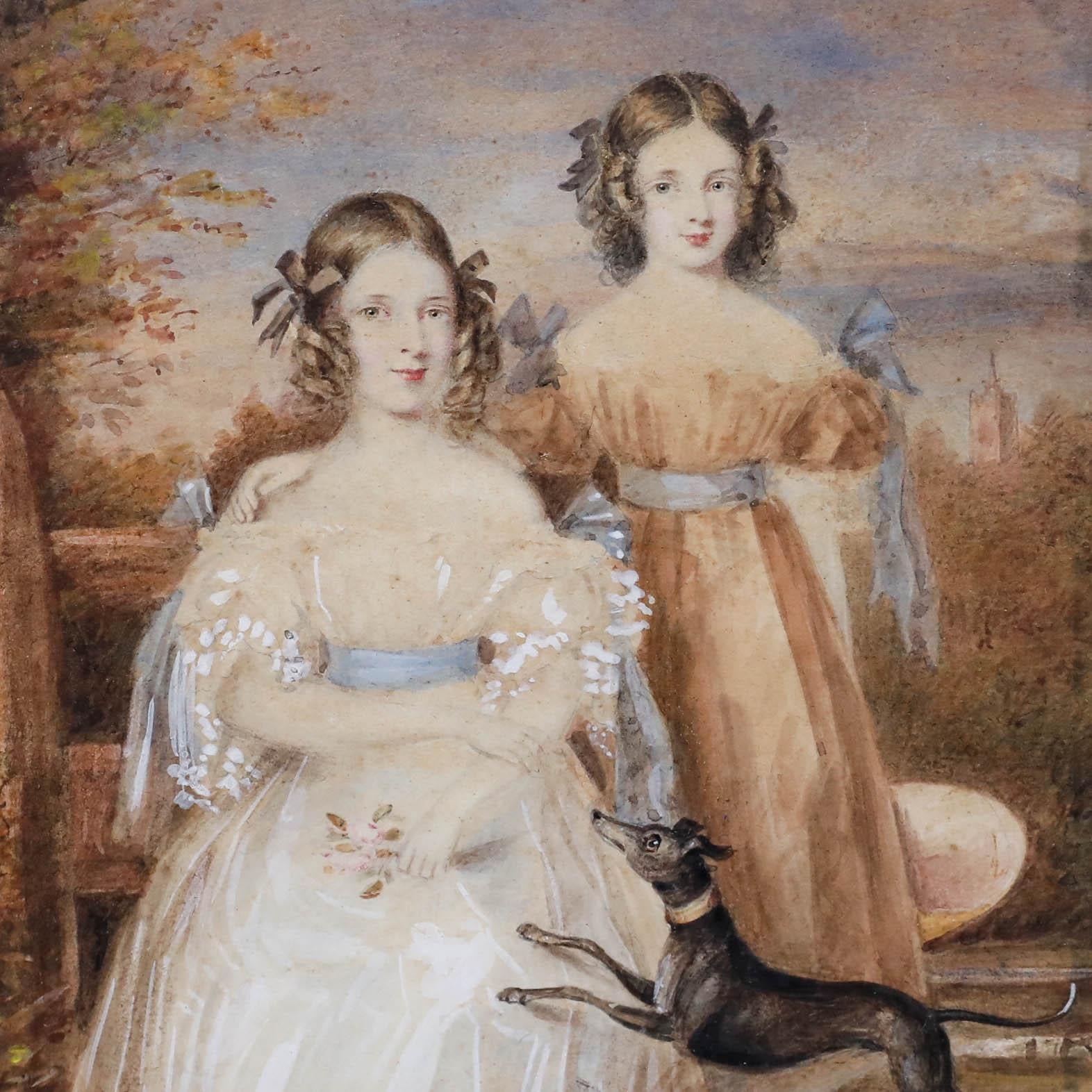 A delightful watercolour (with gouache) by the artist Philip Augustus Barnard (1812-1897) depicting Harriet and Maria Fraser with their Italian greyhound. Signed to the lower right. Wonderfully presented in a gilt frame with beading and a