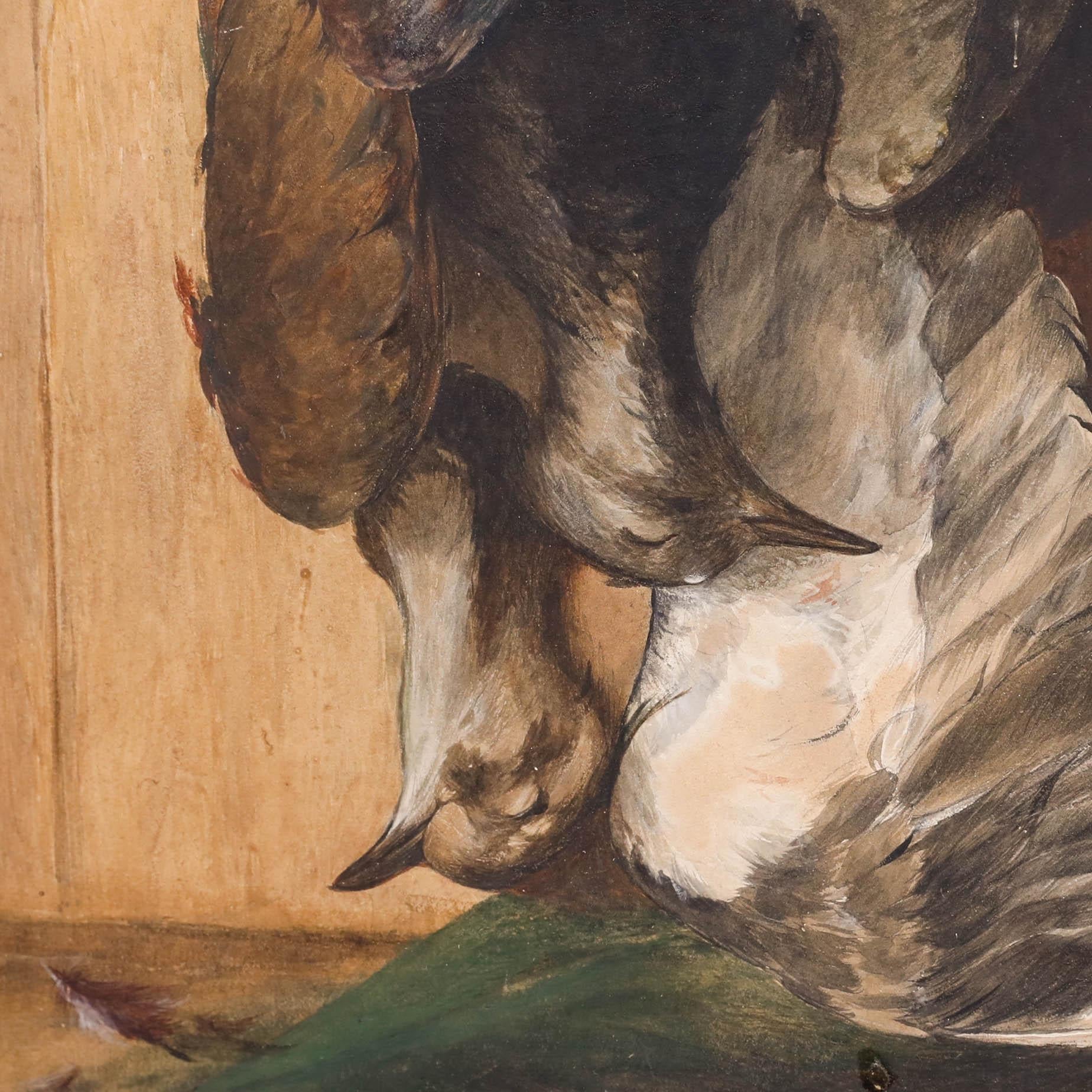 Un suggestivo acquerello della fine del XIX secolo che raffigura due pivieri morti. L'artista cattura magistralmente le trame e le sottili variazioni di colore delle piume degli uccelli contro le venature dello sfondo in legno chiaro. Firmato in