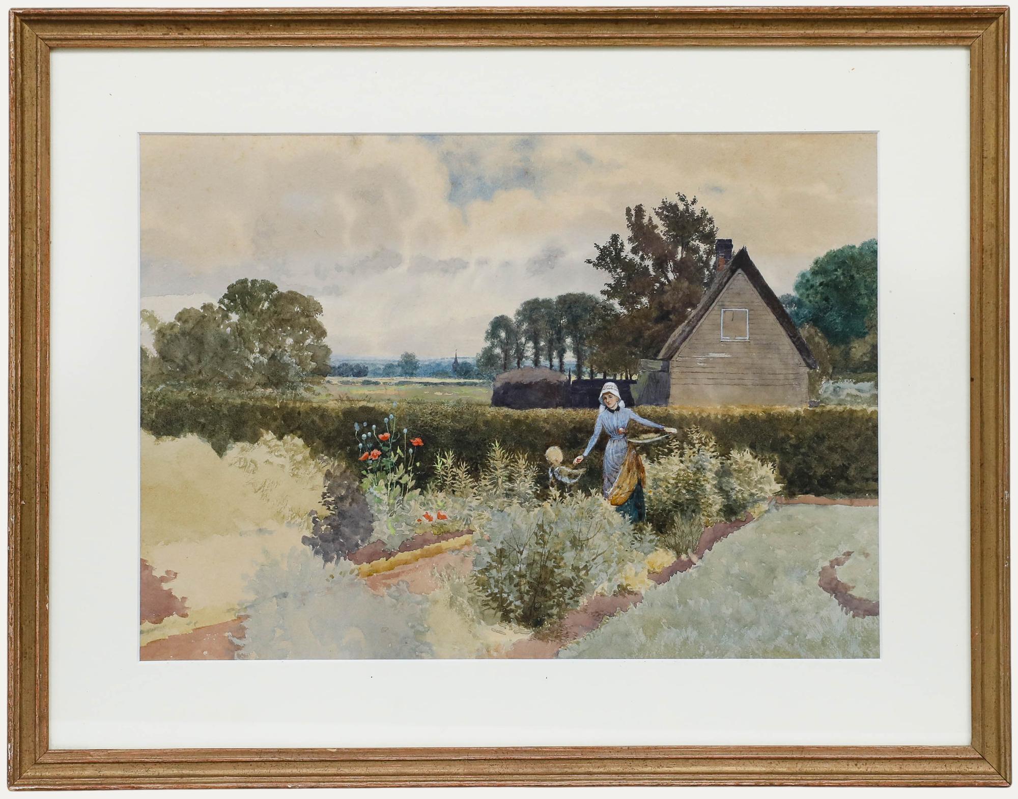 Unknown Landscape Art - George Gordon Fraser (1859-1895) - Watercolour, The Artist's Wife in the Garden