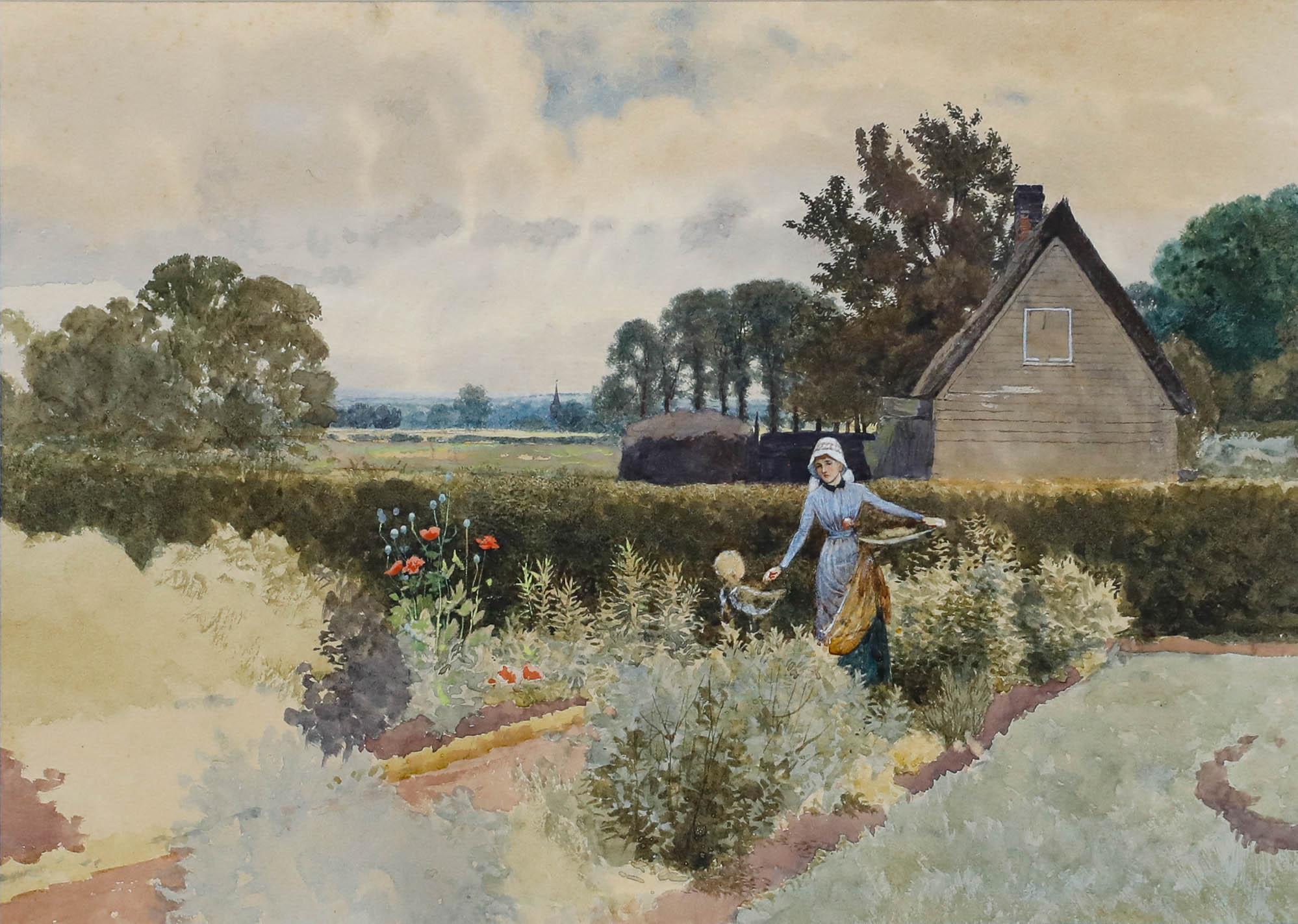 George Gordon Fraser (1859-1895) - Watercolour, The Artist's Wife in the Garden - Beige Landscape Art by Unknown