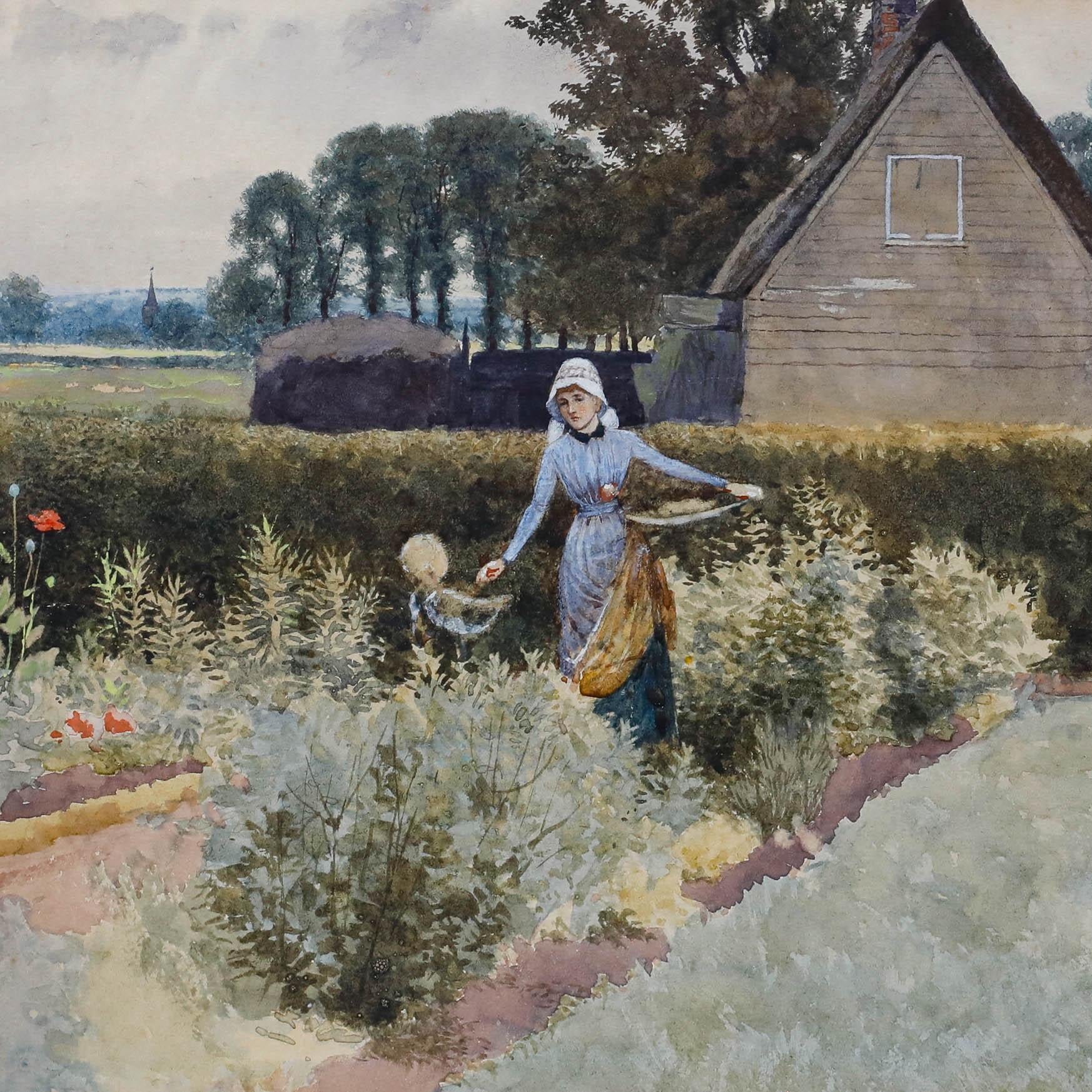 George Gordon Fraser (1859-1895) - Watercolour, The Artist's Wife in the Garden For Sale 1