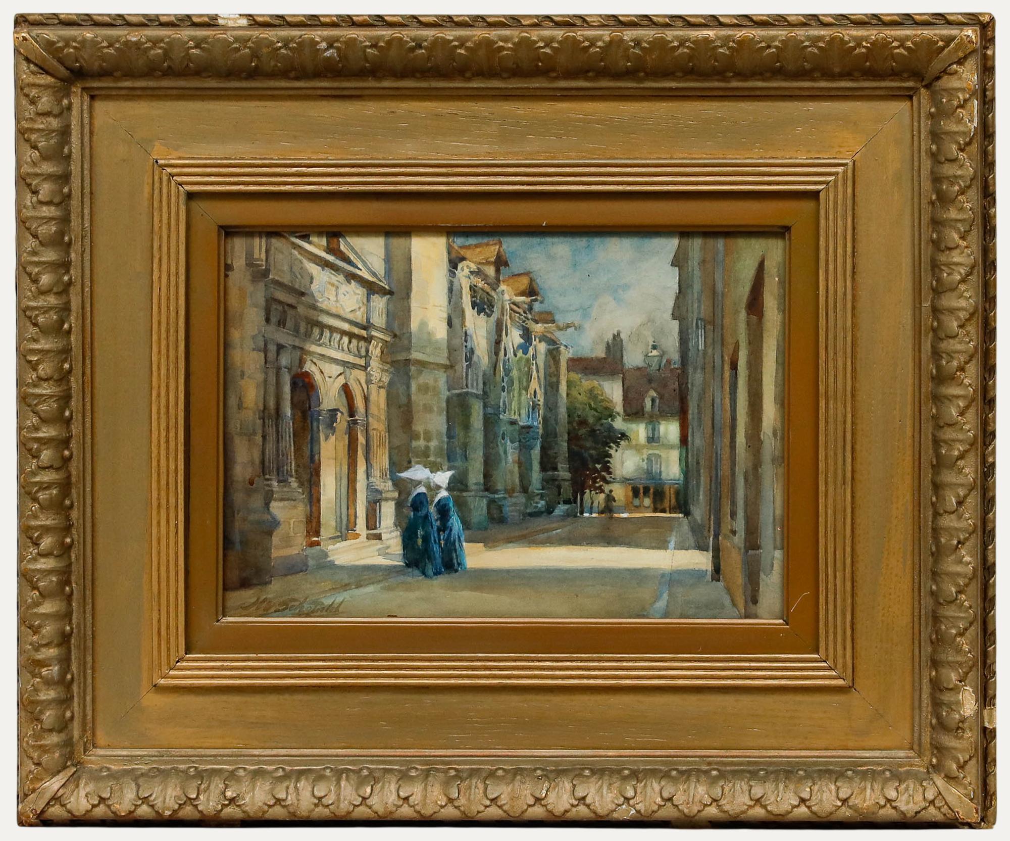 Una encantadora acuarela del artista John William Schofield (1865-1944) que representa a las Hijas de la Caridad entrando en una iglesia. Firmado en la parte inferior izquierda. Presentado en un grueso marco dorado con motivos foliados corridos.