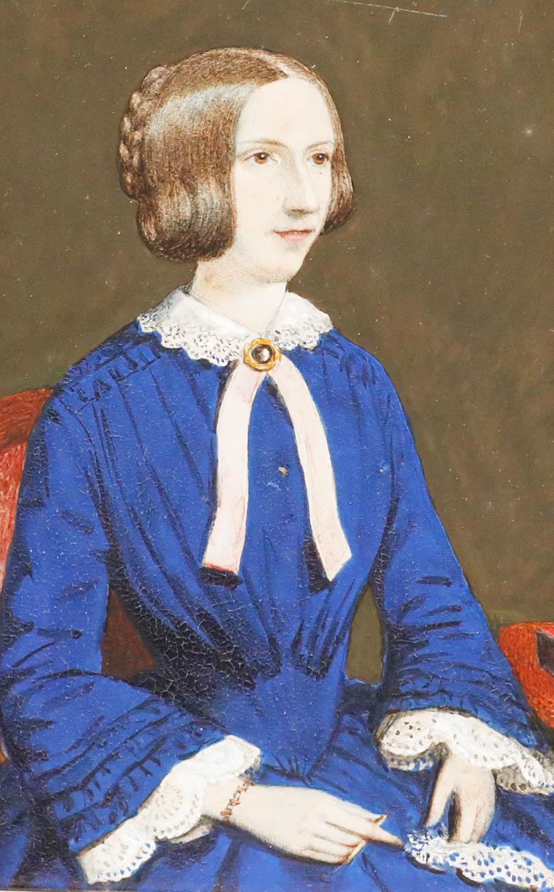 English School 19th Century Watercolour - Lady in a Blue Dress - Art by Unknown