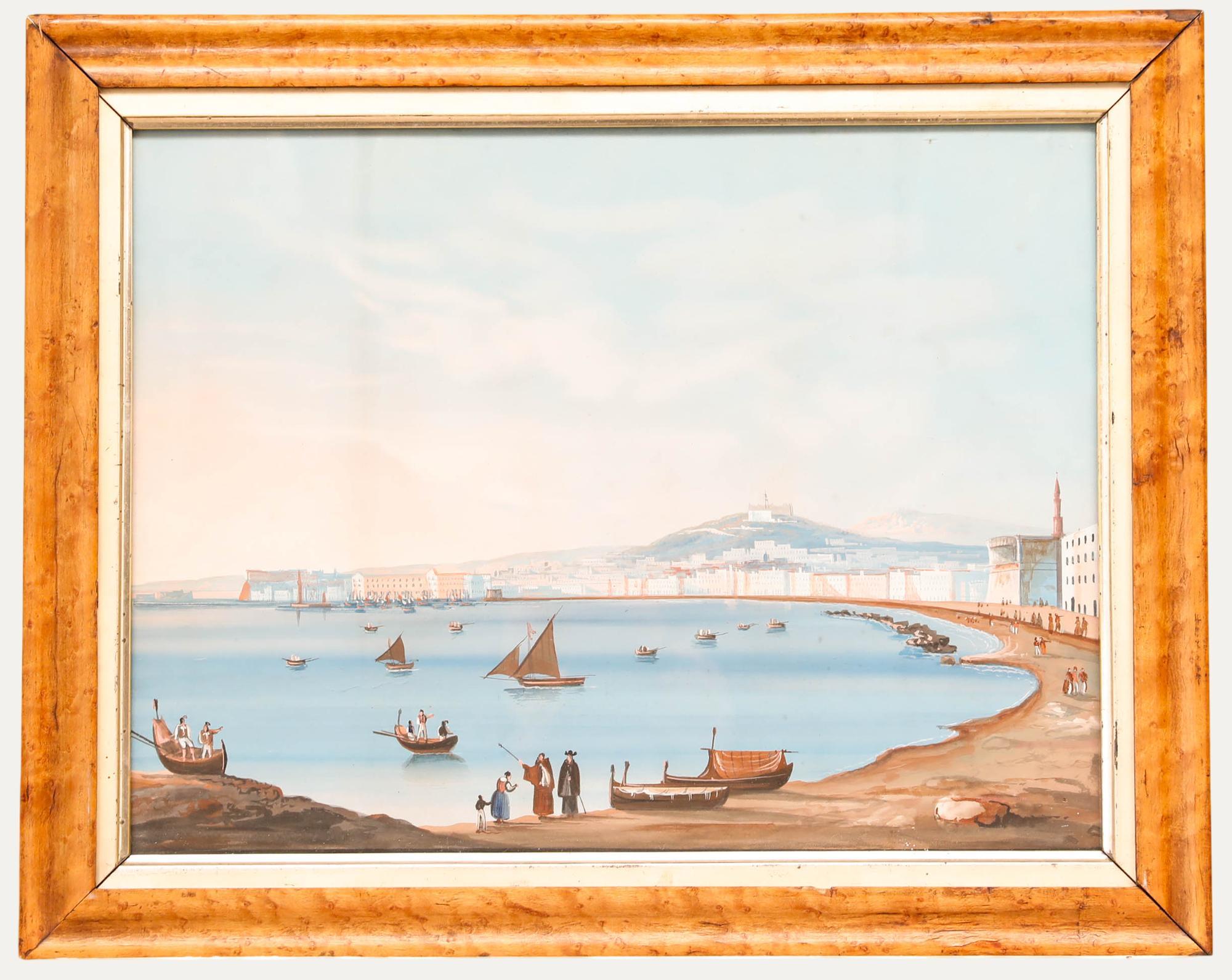 Unknown Figurative Art - Neapolitan School 19th Century Gouache - View from the Bay